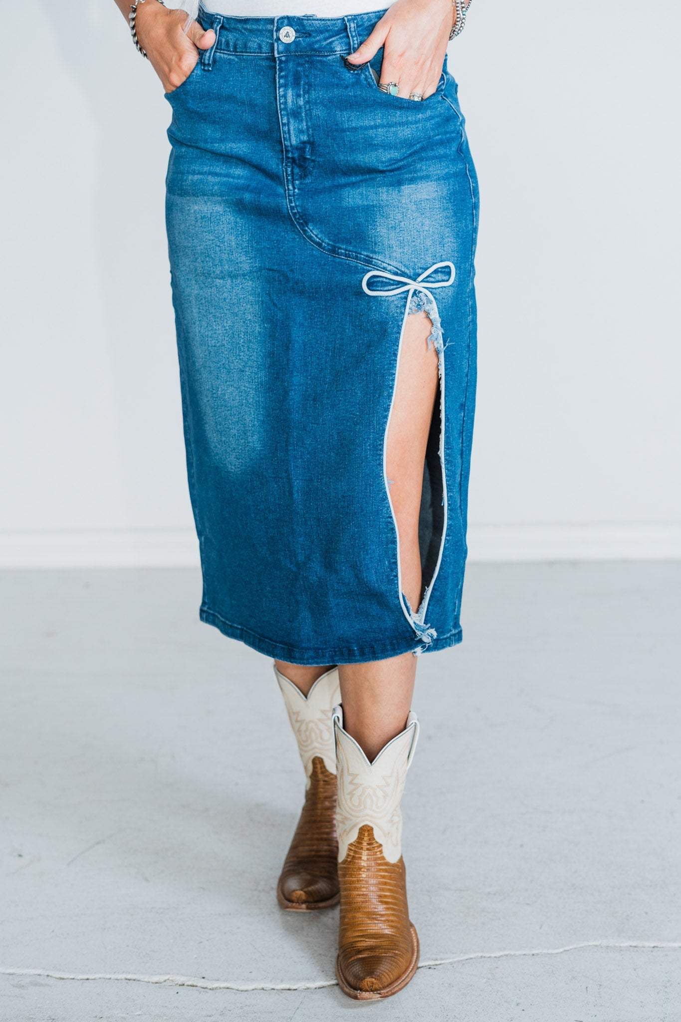 Denim Dreams Skirt with Bow Detail - Whiskey Skies - 2 FLY CO.