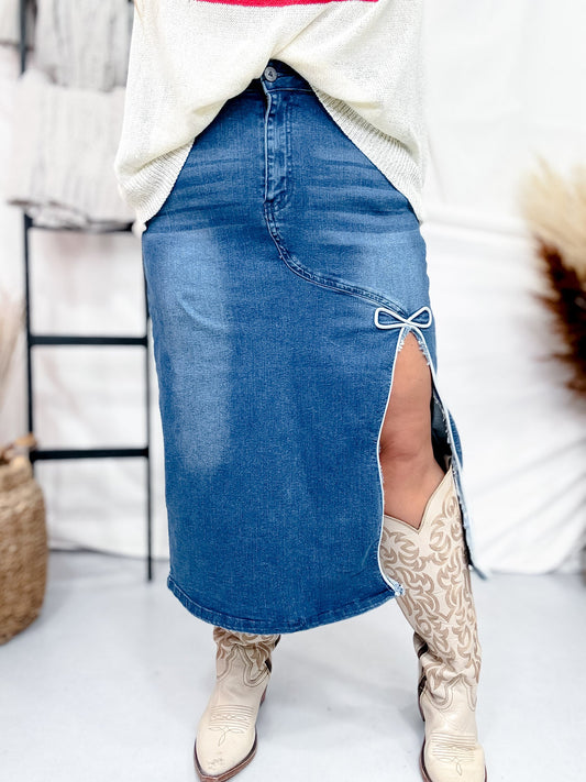 Denim Dreams Skirt with Bow Detail - Whiskey Skies - 2 FLY CO.