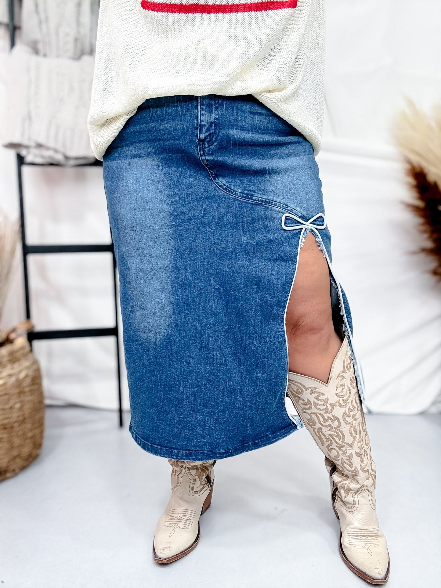 Denim Dreams Skirt with Bow Detail - Whiskey Skies - 2 FLY CO.