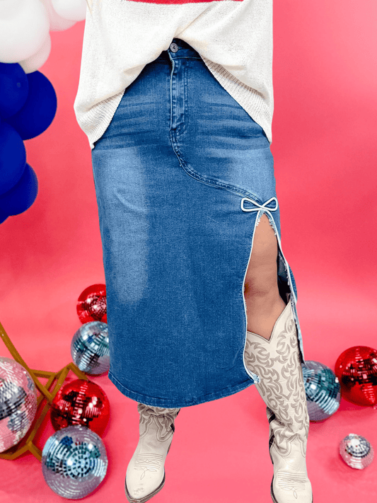 Denim Dreams Skirt with Bow Detail - Whiskey Skies - 2 FLY CO.