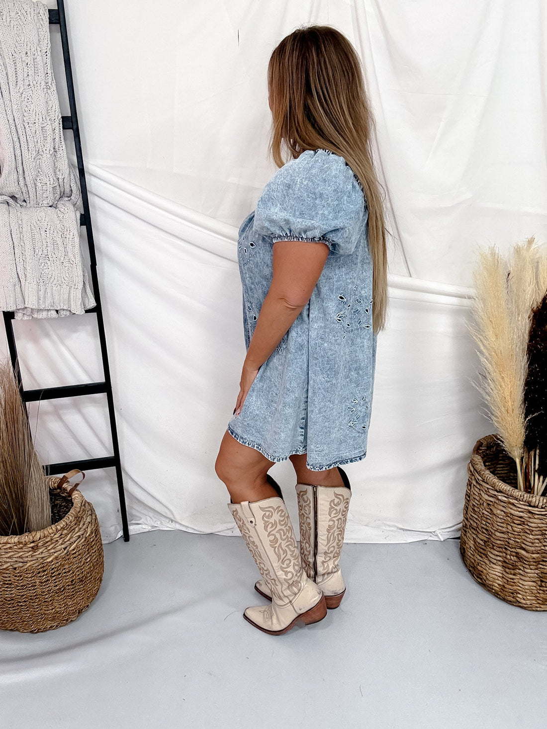 Denim Eyelet Mini Dress With Puff Sleeves - Whiskey Skies - POL CLOTHING INC.