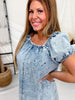Denim Eyelet Mini Dress With Puff Sleeves - Whiskey Skies - POL CLOTHING INC.