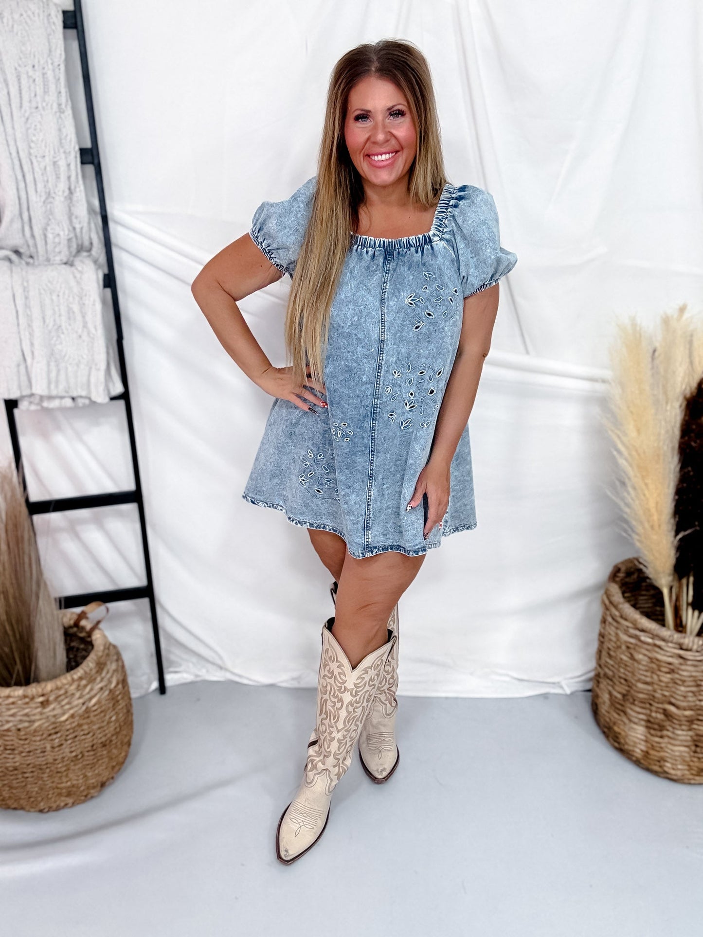 Denim Eyelet Mini Dress With Puff Sleeves - Whiskey Skies - POL CLOTHING INC.