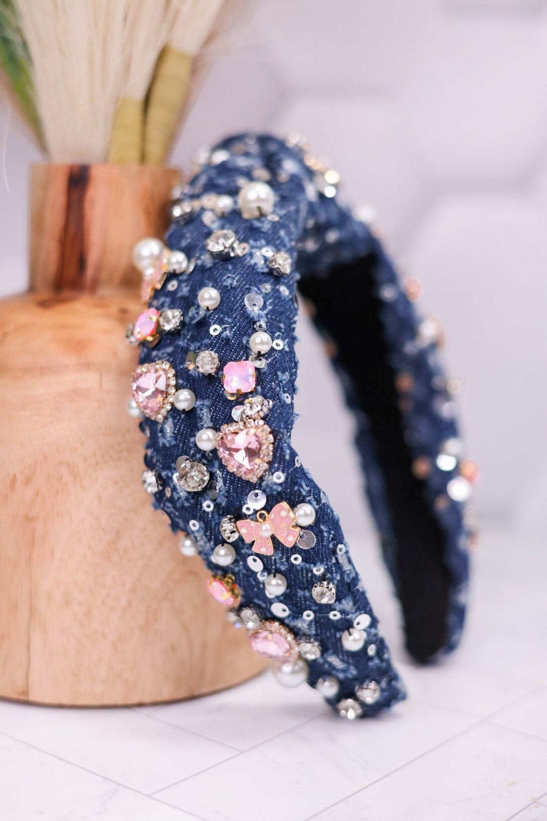 Denim Rhinestone & Pearl Knot Headband - Whiskey Skies - ESTELLER