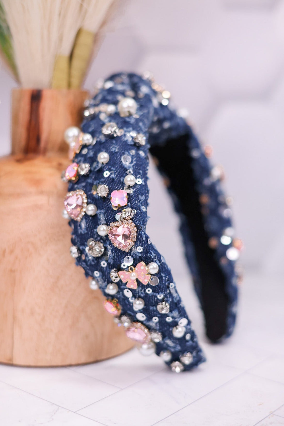 Denim Rhinestone & Pearl Knot Headband - Whiskey Skies - ESTELLER