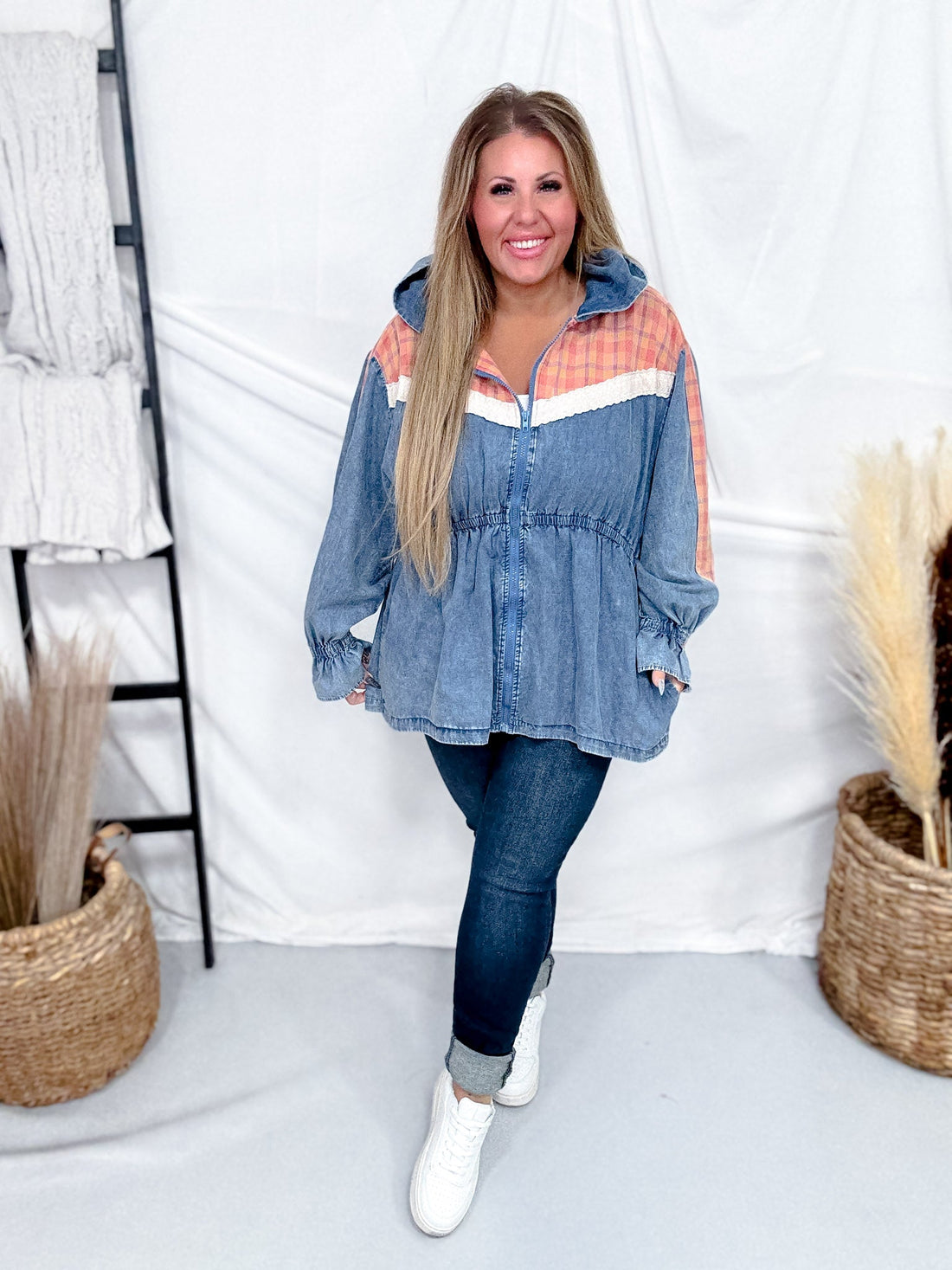 Denim & Rust Plaid Colorblock Lace Trimmed Jacket - Whiskey Skies - J.NNA