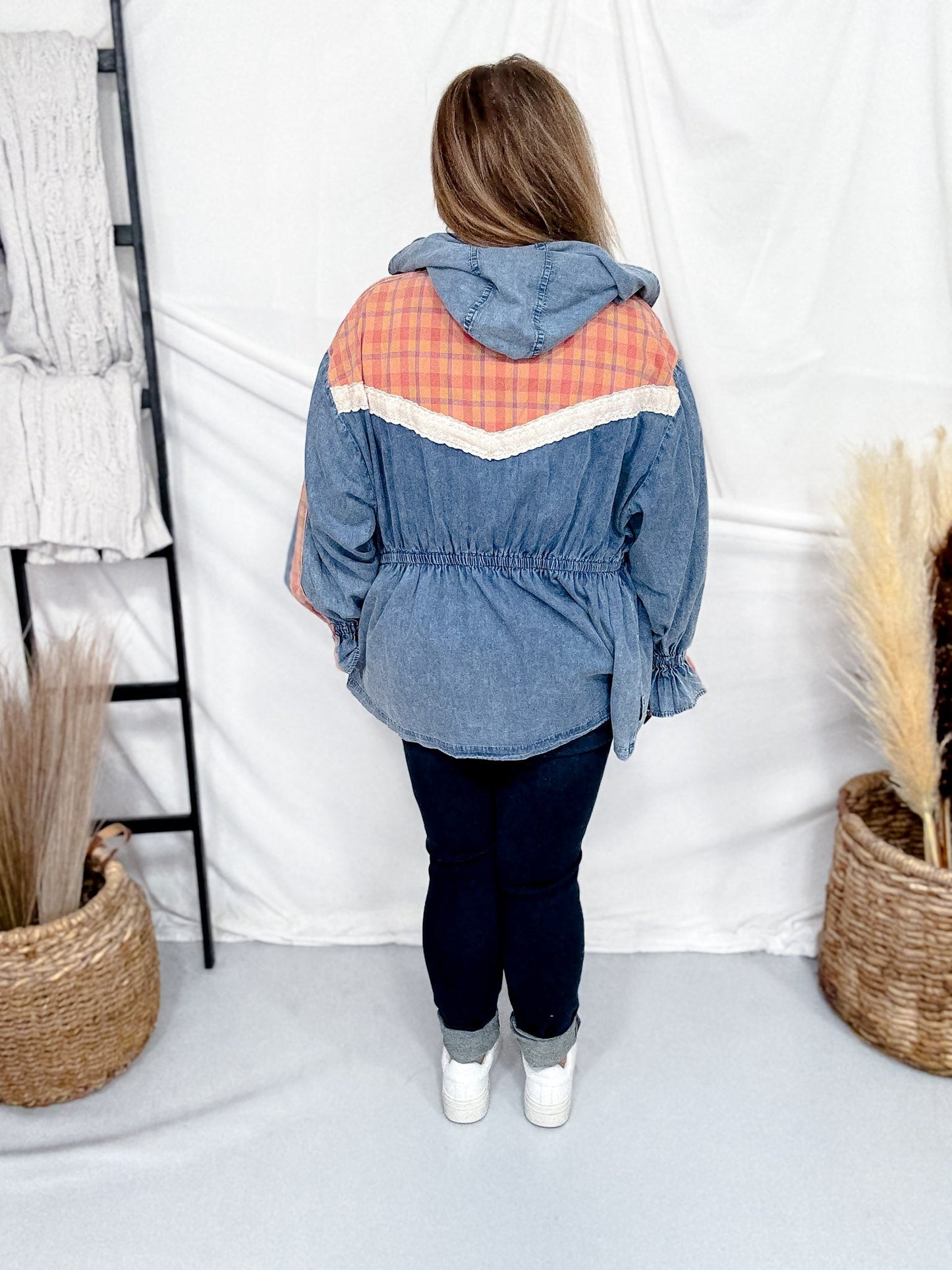 Denim & Rust Plaid Colorblock Lace Trimmed Jacket - Whiskey Skies - J.NNA