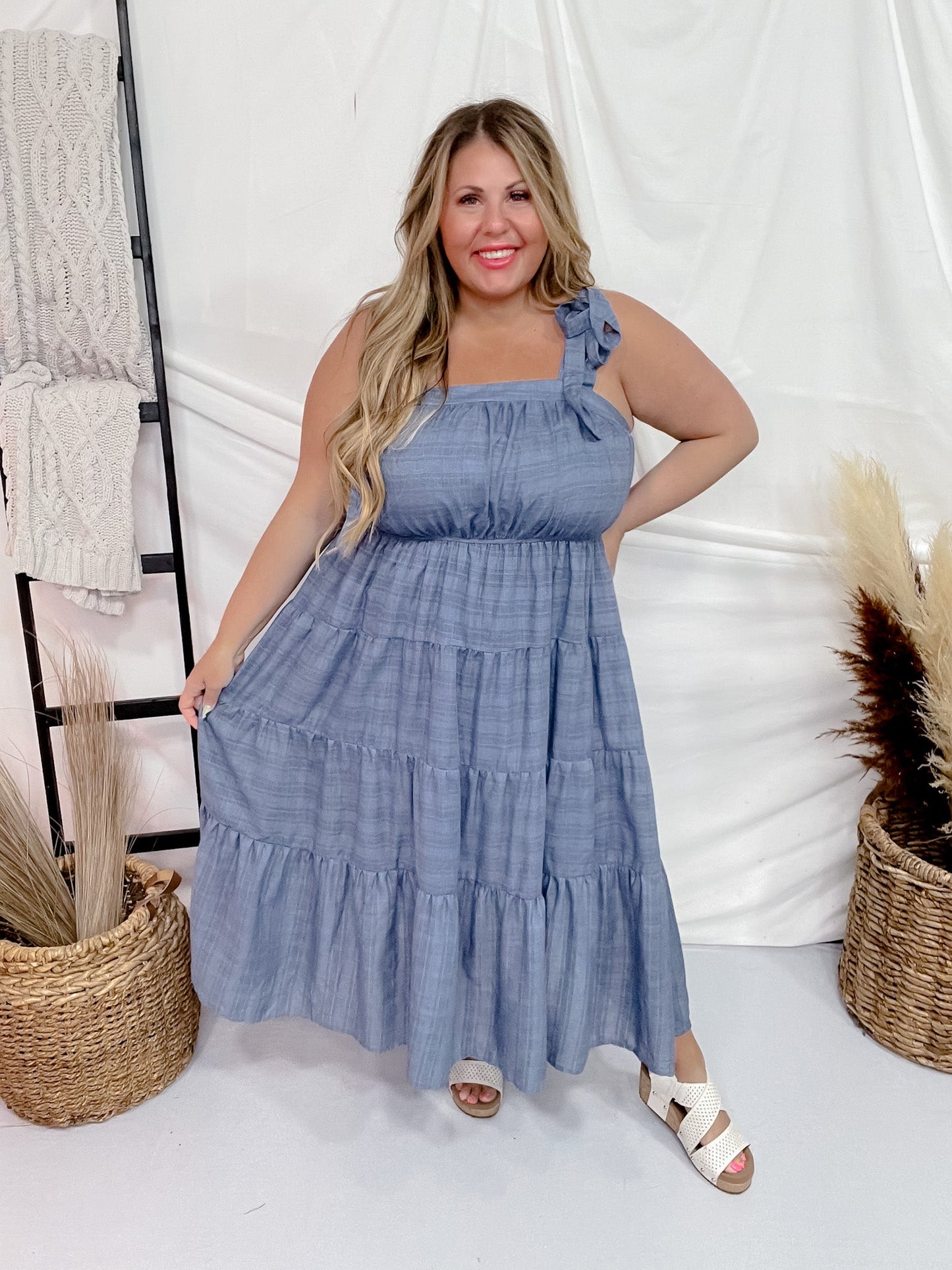 Denim Tie Shoulder Midi Dress - Whiskey Skies - ANDREE BY UNIT