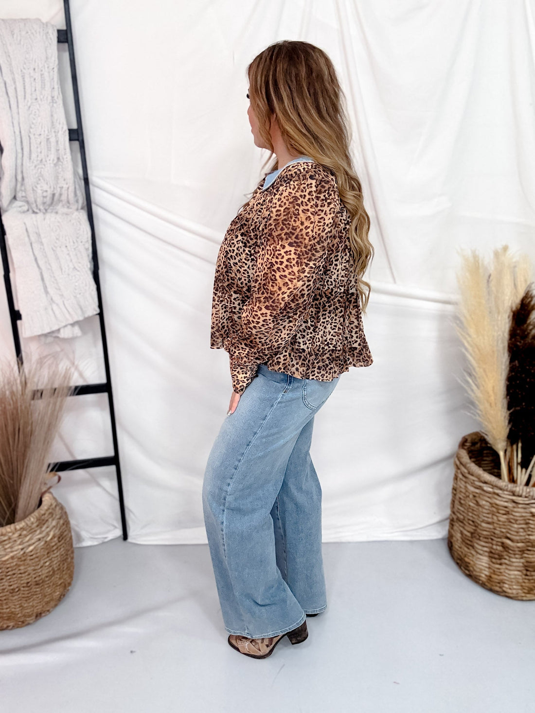 Desert Bloom Leopard Long Sleeve Blouse - Whiskey Skies - 2 FLY CO.
