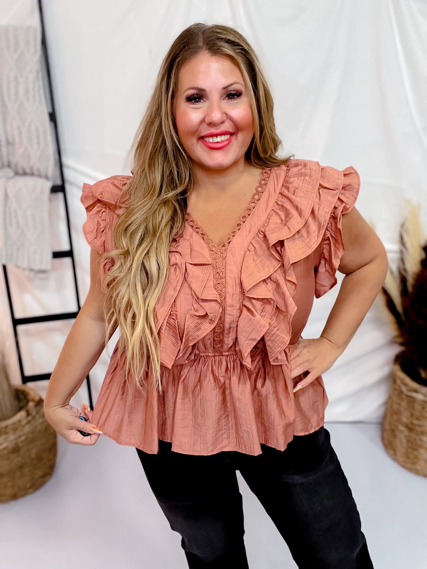 Desert Rose Ruffled Blouse - Whiskey Skies - SOUTHERN GRACE