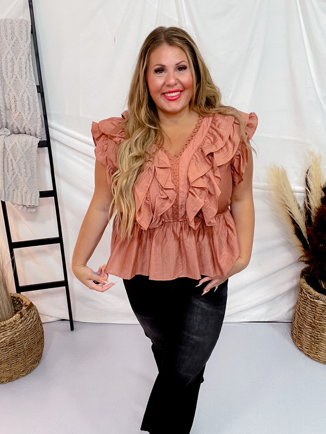 Desert Rose Ruffled Blouse - Whiskey Skies - SOUTHERN GRACE