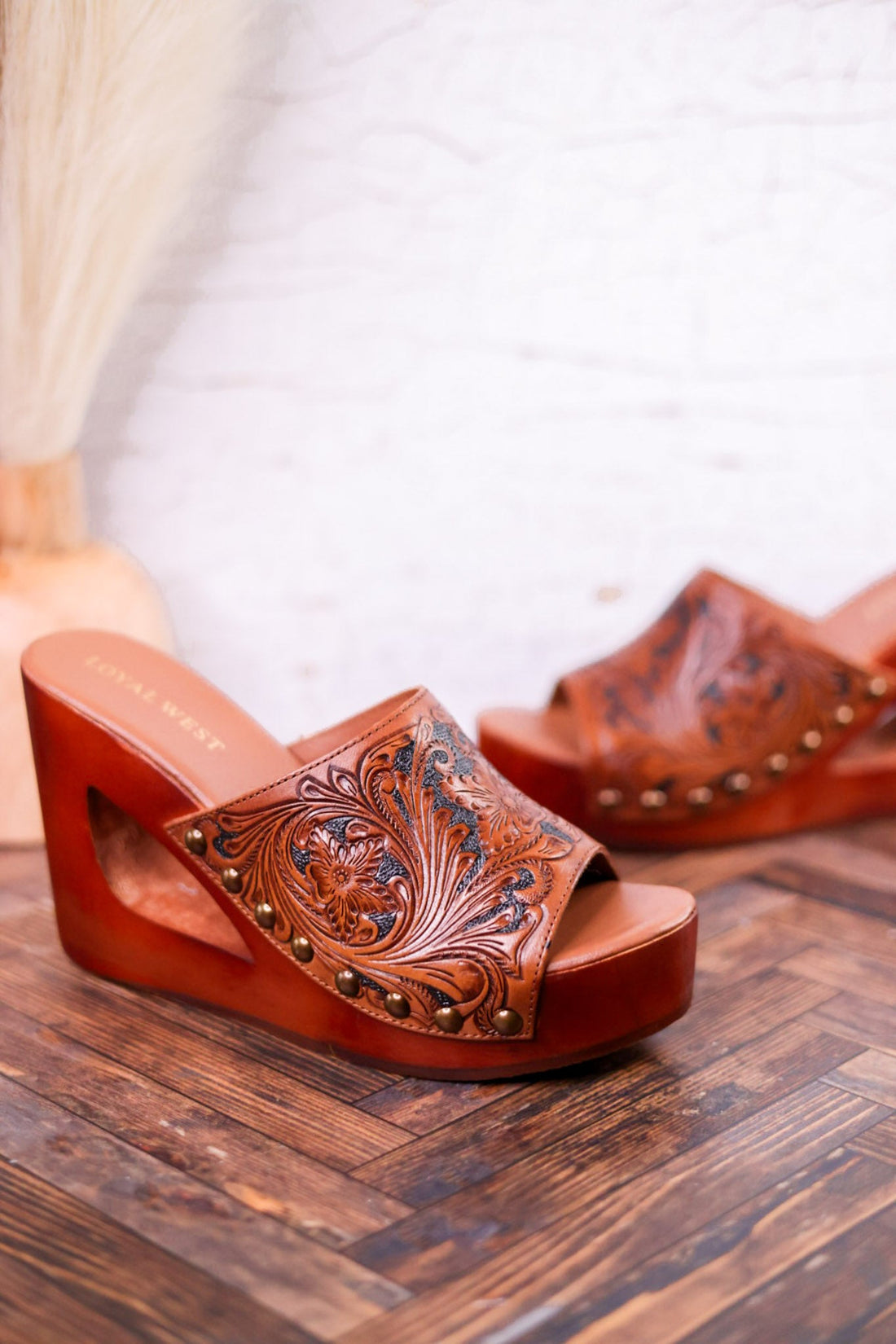 Desert Wanderer Tooled Leather Wedge Sandals - Whiskey Skies - LOYAL WEST