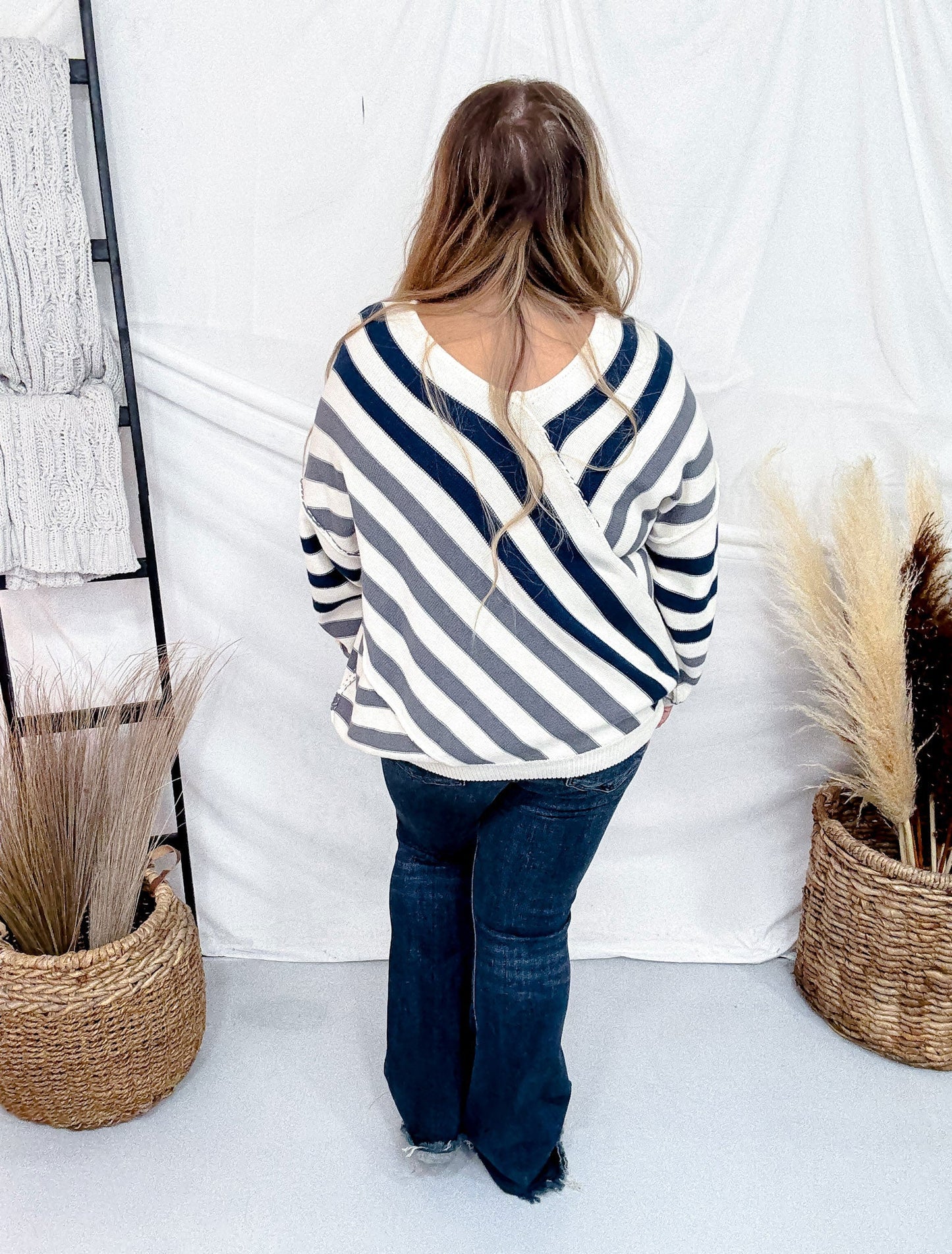 Diagonal Stripe V - Neck Sweater - Whiskey Skies - J.NNA
