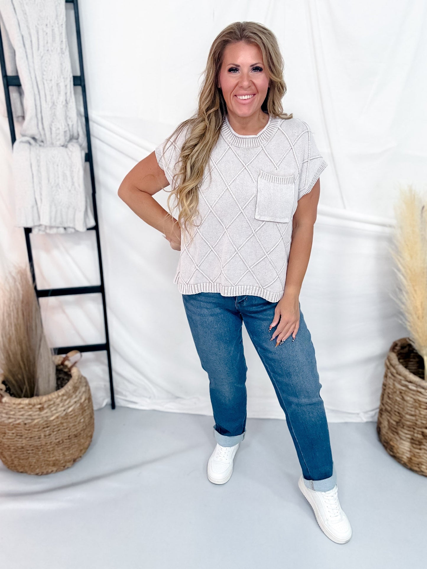 Diamond Patterned Knit Short Sleeve Top In Washed Taupe - Whiskey Skies - BIBI