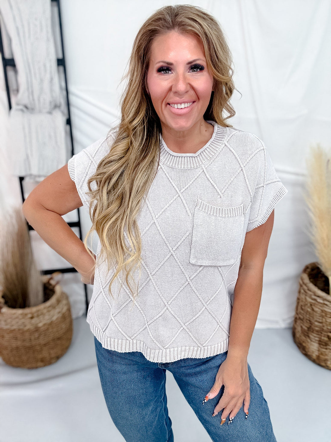 Diamond Patterned Knit Short Sleeve Top In Washed Taupe - Whiskey Skies - BIBI
