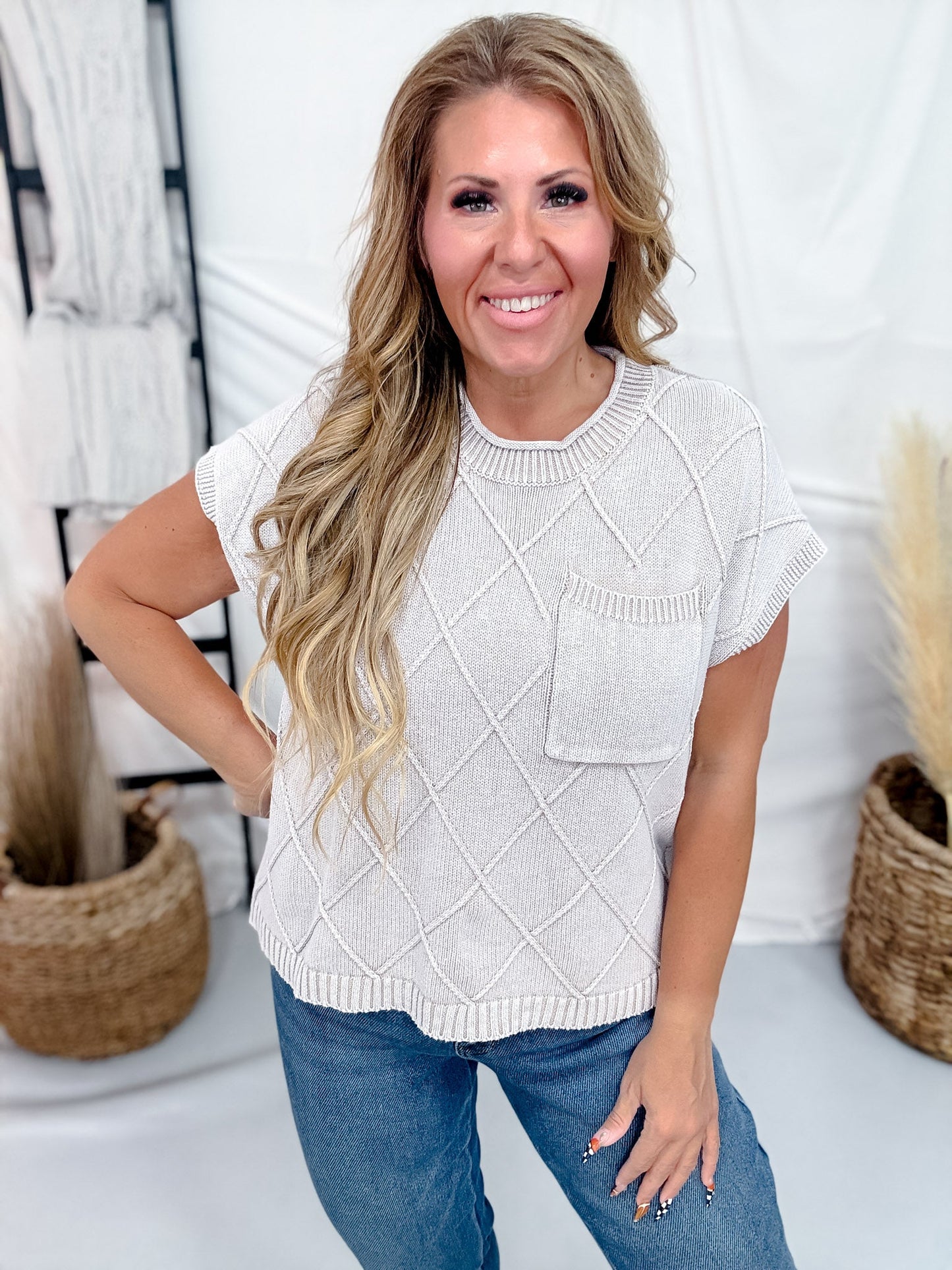 Diamond Patterned Knit Short Sleeve Top In Washed Taupe - Whiskey Skies - BIBI