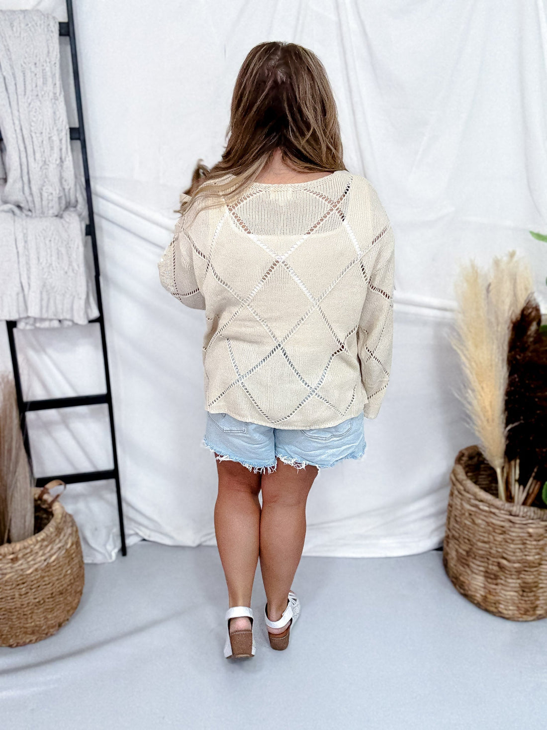Diamond Patterned Knit Sweater With Sequin Accents - Whiskey Skies - BIBI