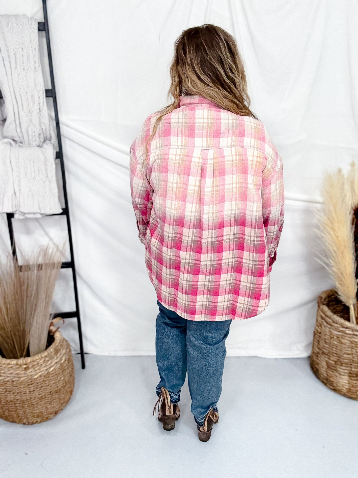 Dip Dyed Pink Plaid Button Front Long Sleeve Flannel - Whiskey Skies - WHITE BIRCH