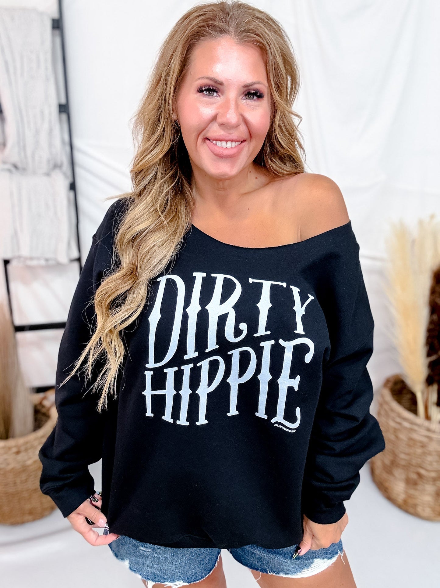 Dirty Hippie Black Off The Shoulder Cut Neckline Sweatshirt - Whiskey Skies - THE LATTIMORE CLAIM