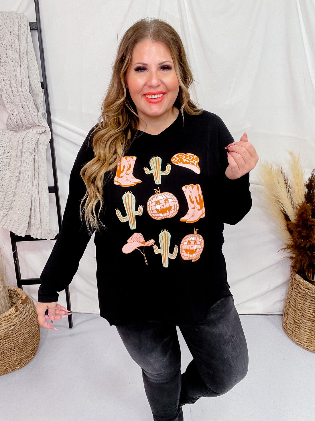 Disco Cowboy Pumpkin Graphic Top - Whiskey Skies - SOUTHERN GRACE