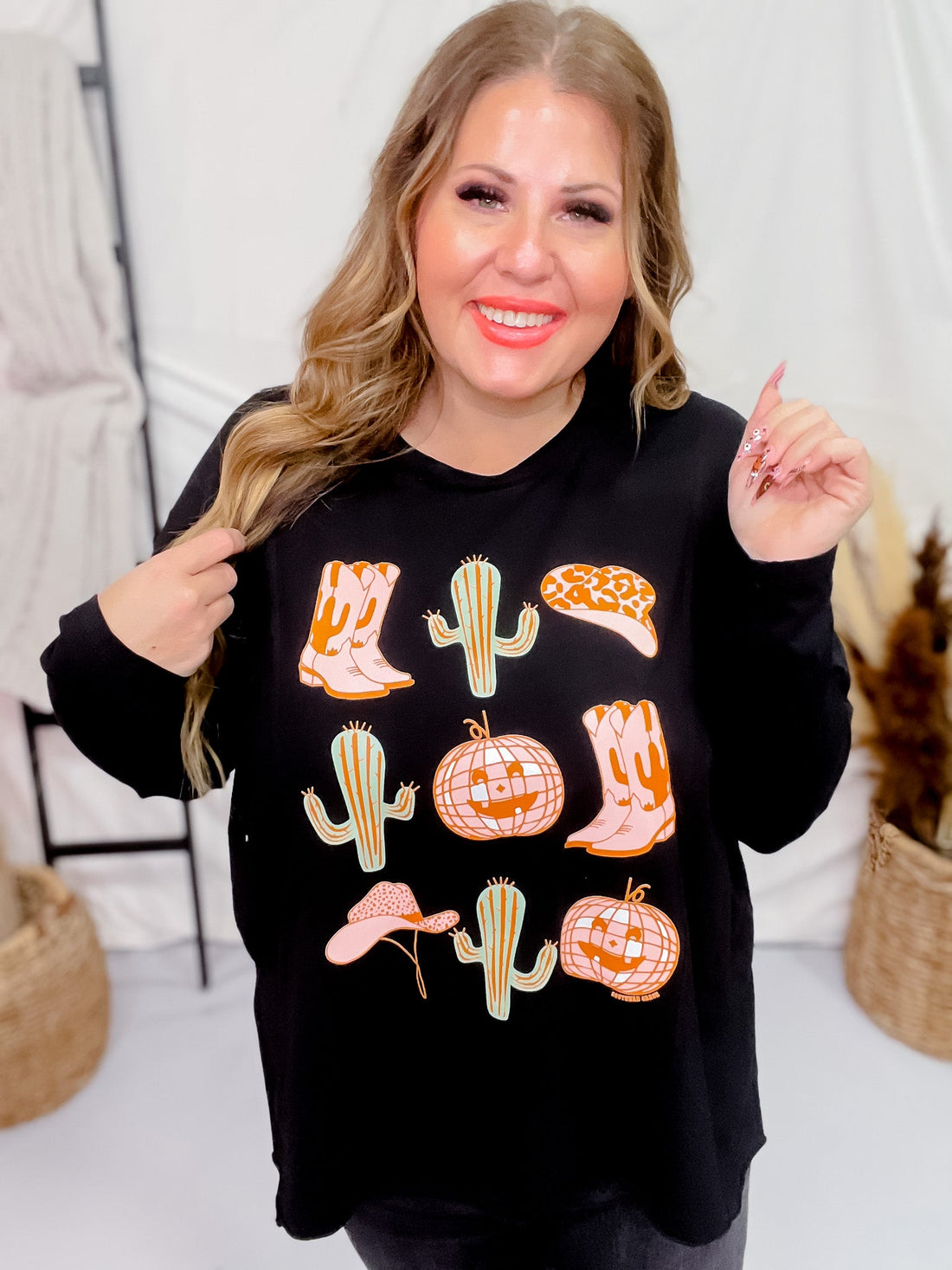 Disco Cowboy Pumpkin Graphic Top - Whiskey Skies - SOUTHERN GRACE