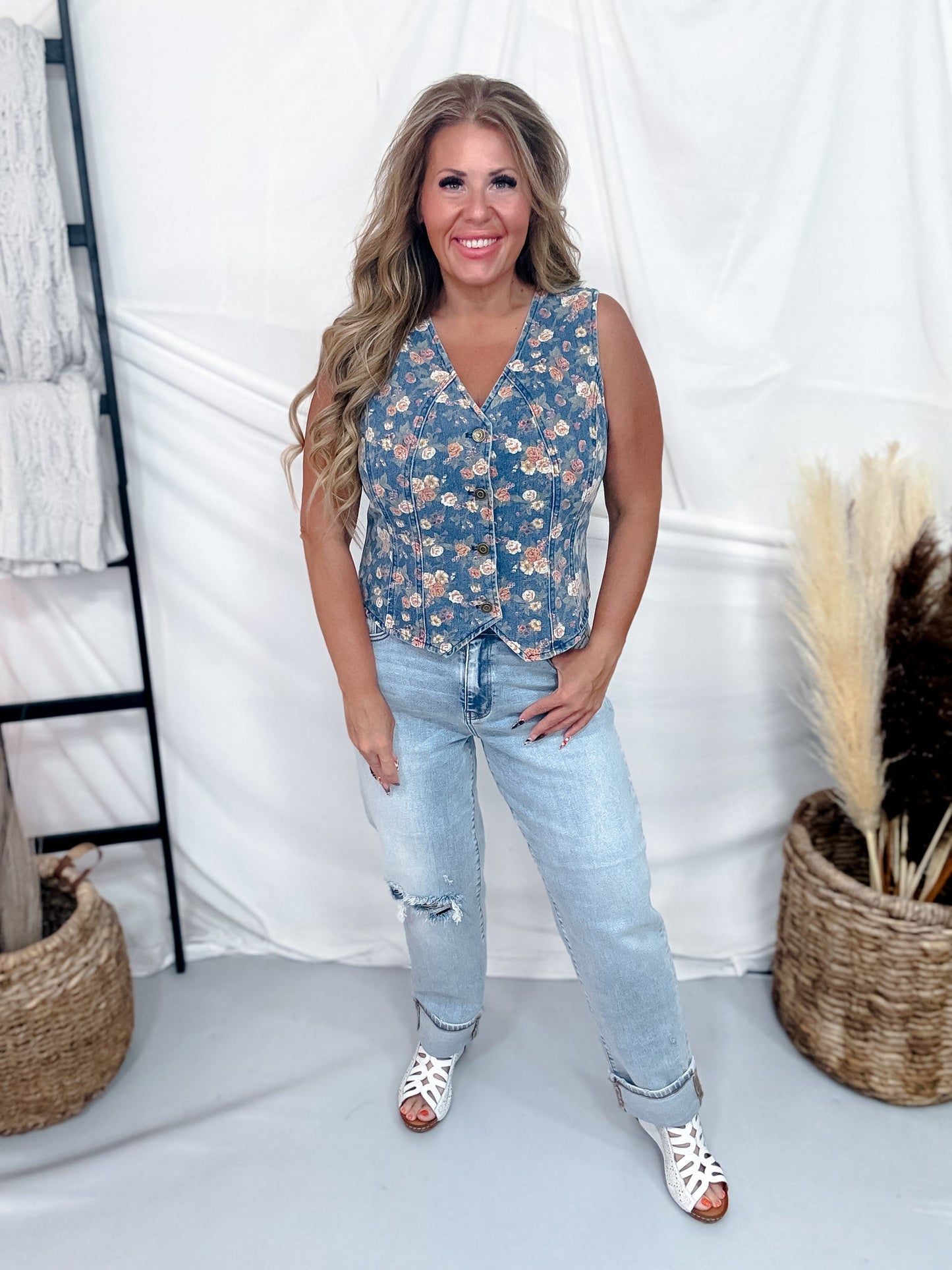 Ditzy Floral Print Button Front Denim Vest - Whiskey Skies - DAVI & DANI