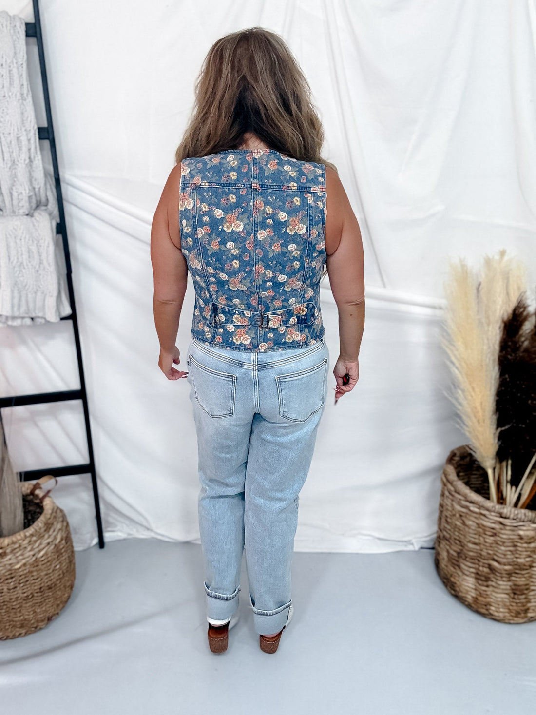 Ditzy Floral Print Button Front Denim Vest - Whiskey Skies - DAVI & DANI