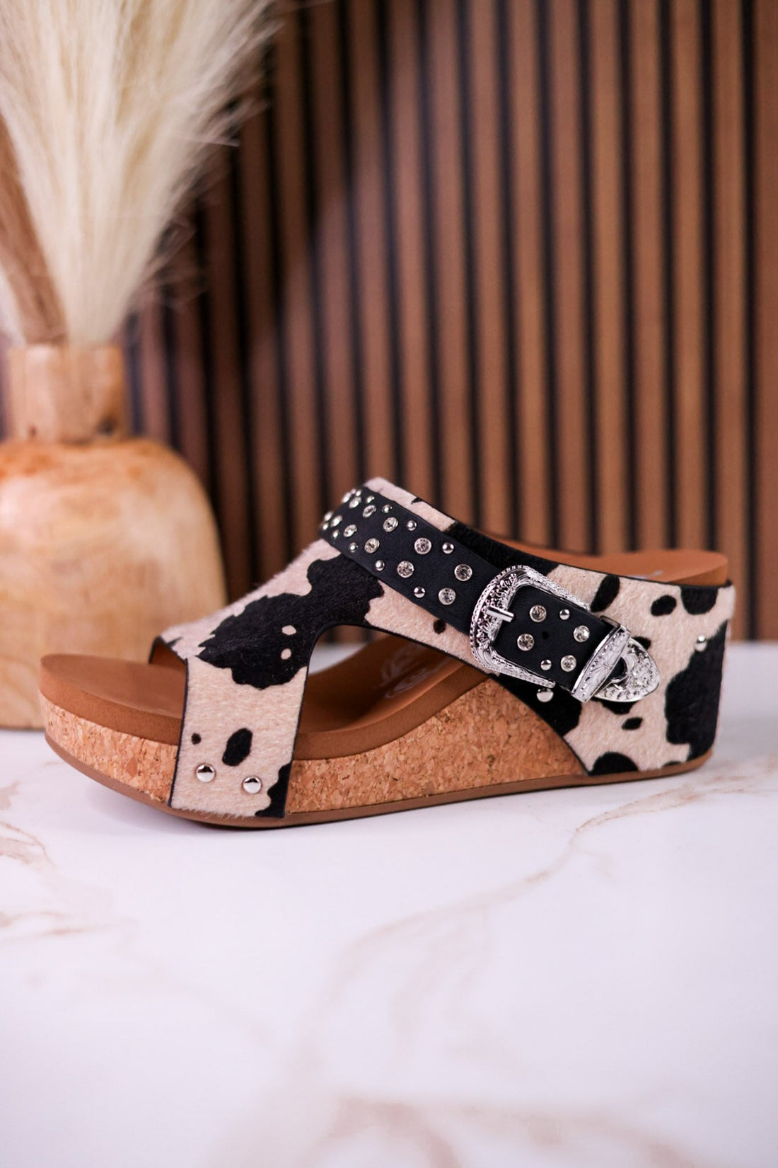 "Dolly" Black & White Faux Hairon Leather Wedges With Rhinestone Accents - Whiskey Skies - VERY G