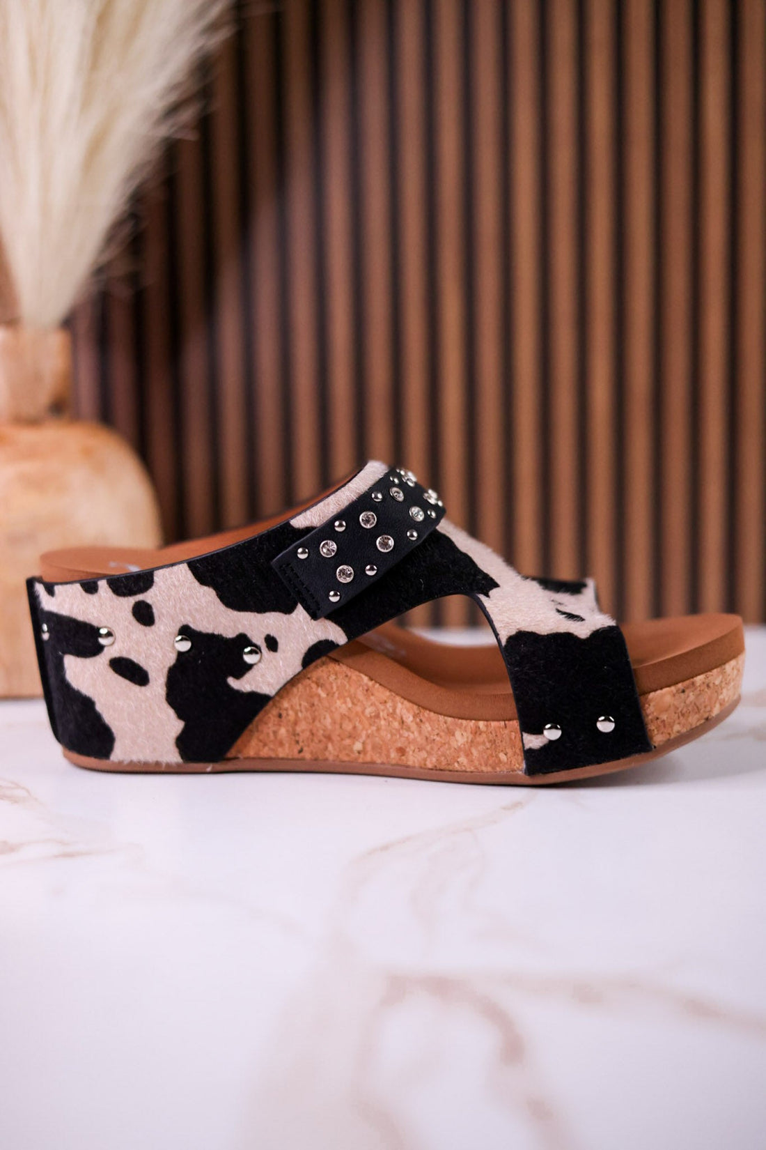 "Dolly" Black & White Faux Hairon Leather Wedges With Rhinestone Accents - Whiskey Skies - VERY G
