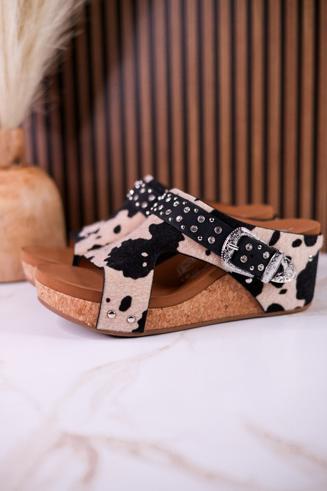 "Dolly" Black & White Faux Hairon Leather Wedges With Rhinestone Accents - Whiskey Skies - VERY G