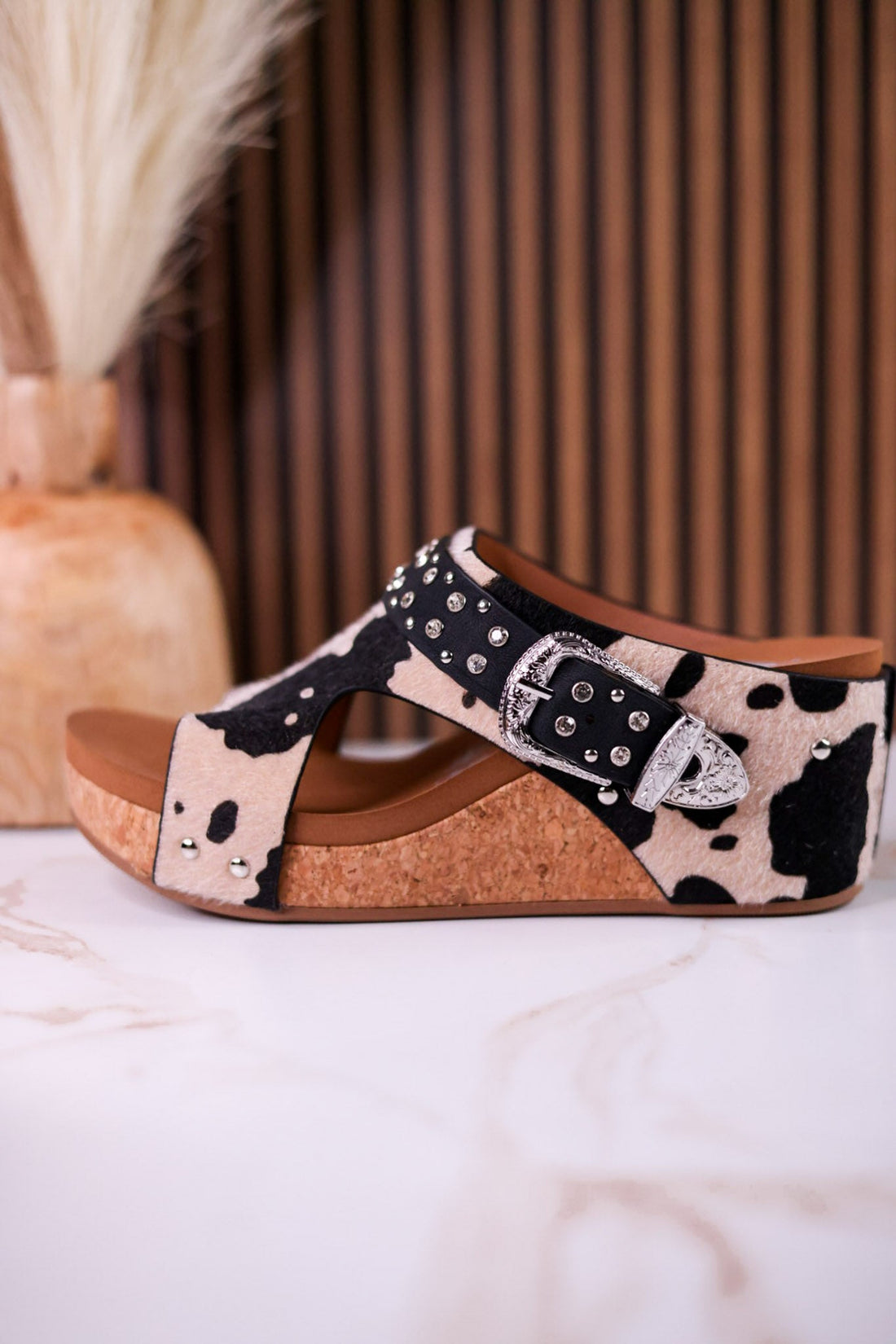 "Dolly" Black & White Faux Hairon Leather Wedges With Rhinestone Accents - Whiskey Skies - VERY G