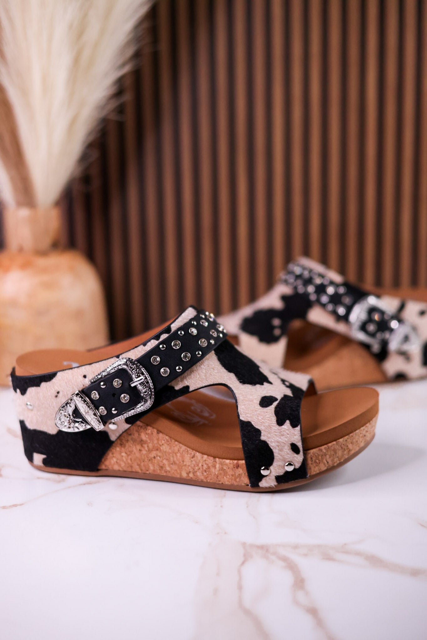 "Dolly" Black & White Faux Hairon Leather Wedges With Rhinestone Accents - Whiskey Skies - VERY G
