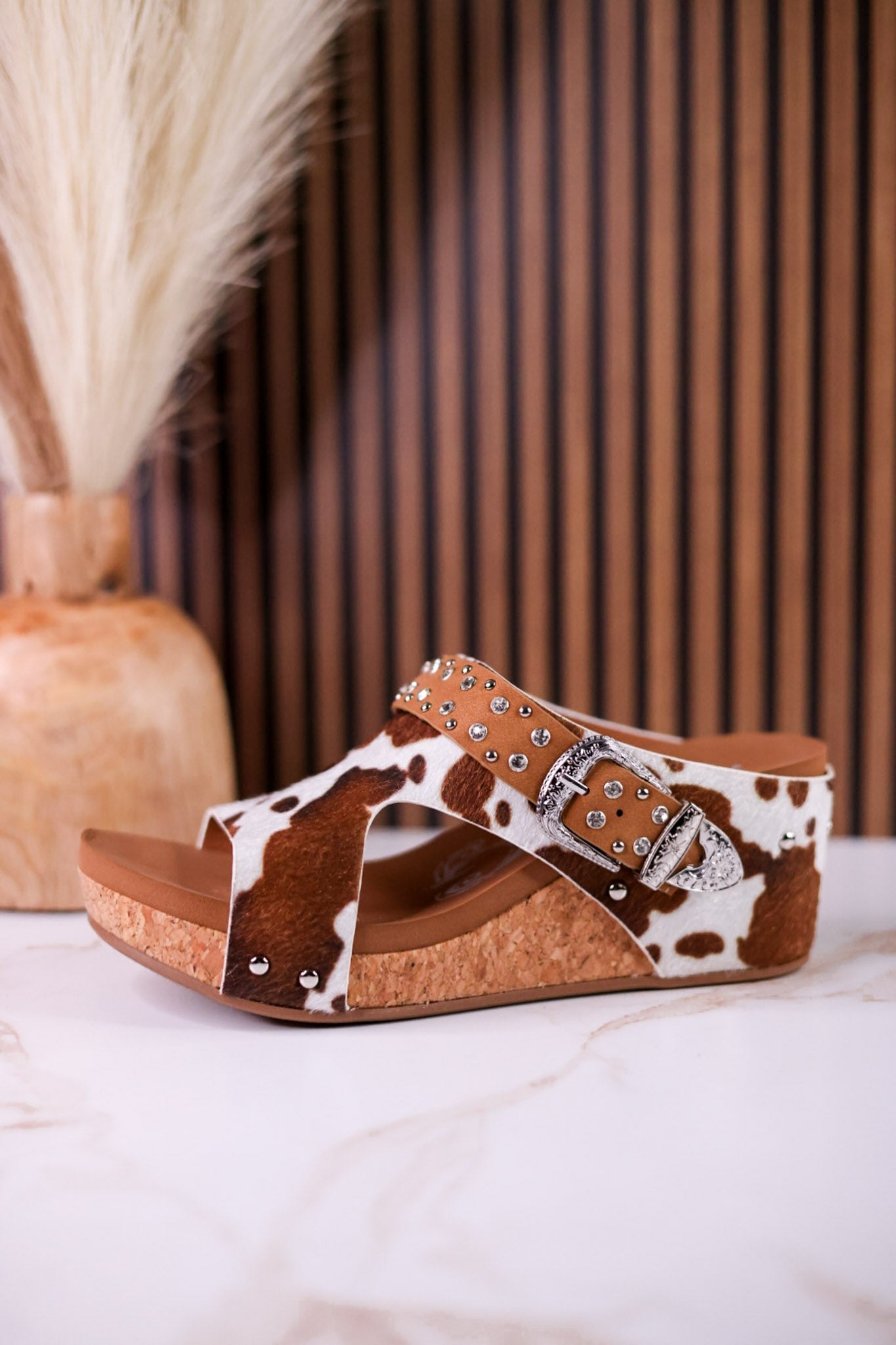 "Dolly" Tan Faux Hairon Wedges With Rhinestone Accents - Whiskey Skies - VERY G