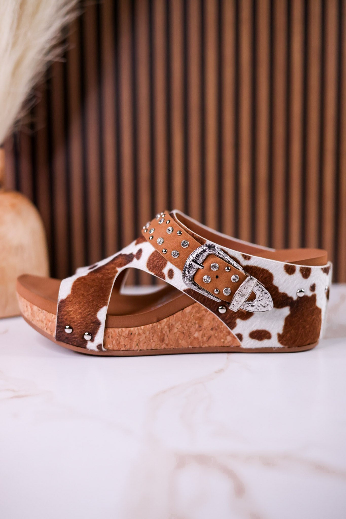 "Dolly" Tan Faux Hairon Wedges With Rhinestone Accents - Whiskey Skies - VERY G