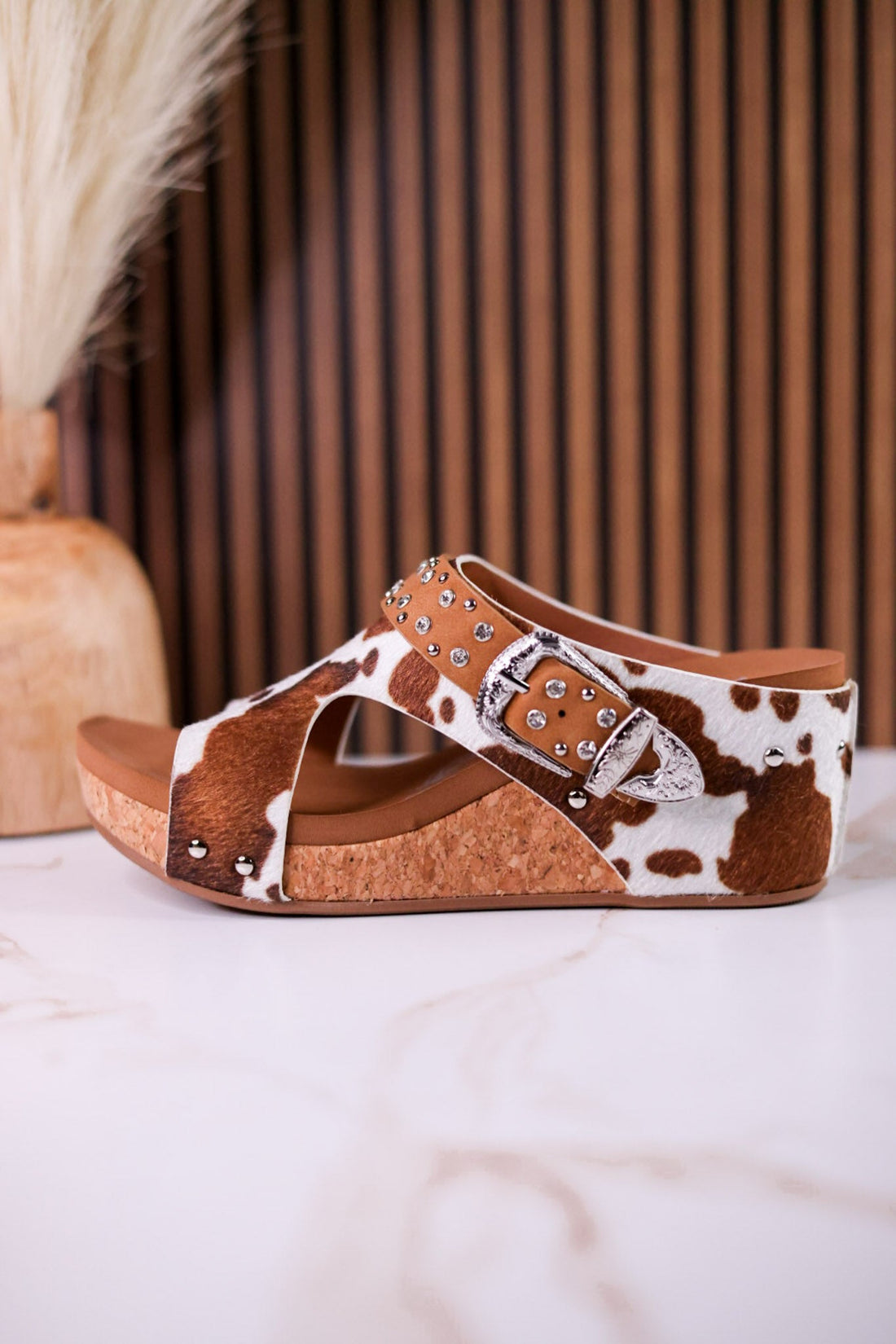 "Dolly" Tan Faux Hairon Wedges With Rhinestone Accents - Whiskey Skies - VERY G
