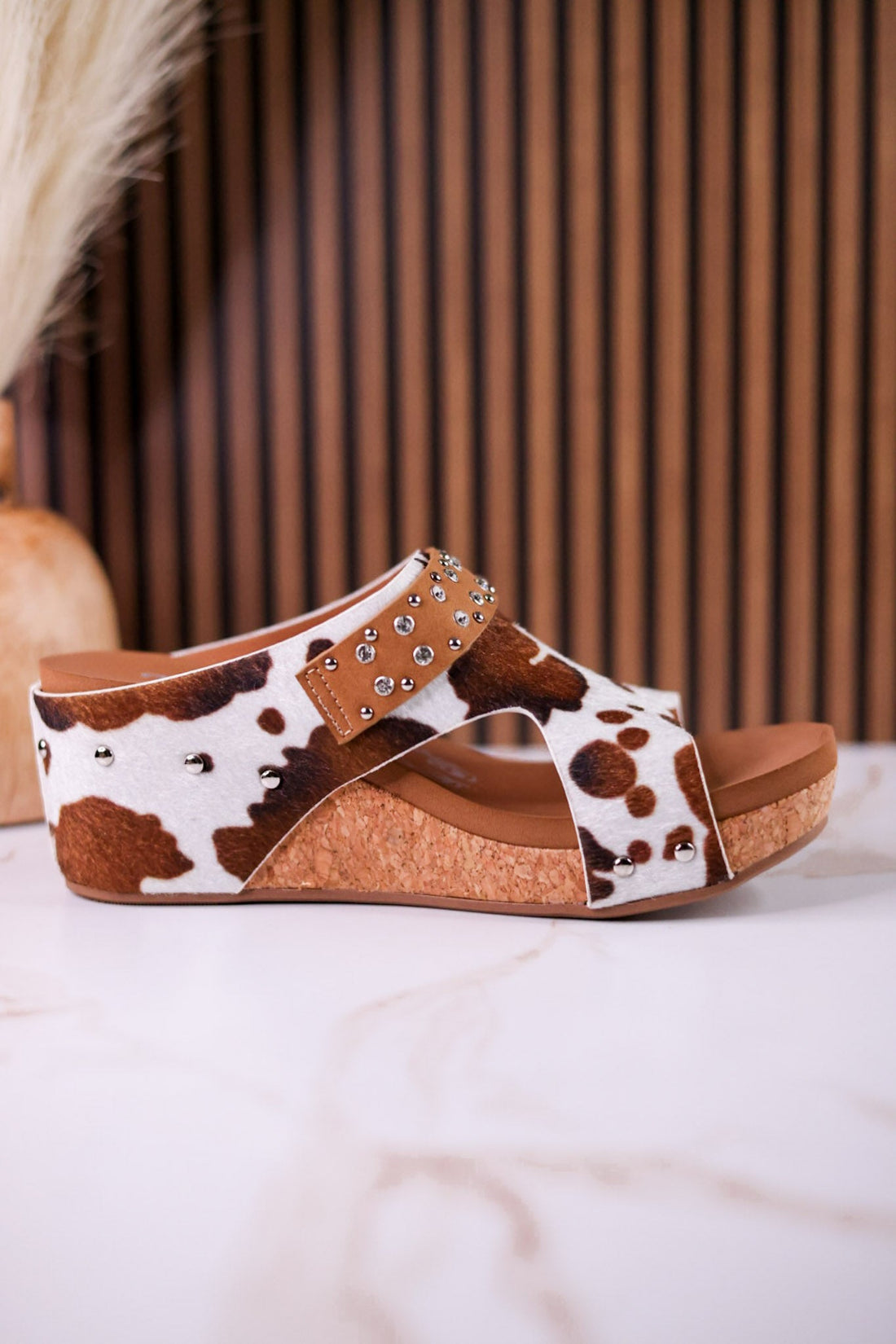 "Dolly" Tan Faux Hairon Wedges With Rhinestone Accents - Whiskey Skies - VERY G