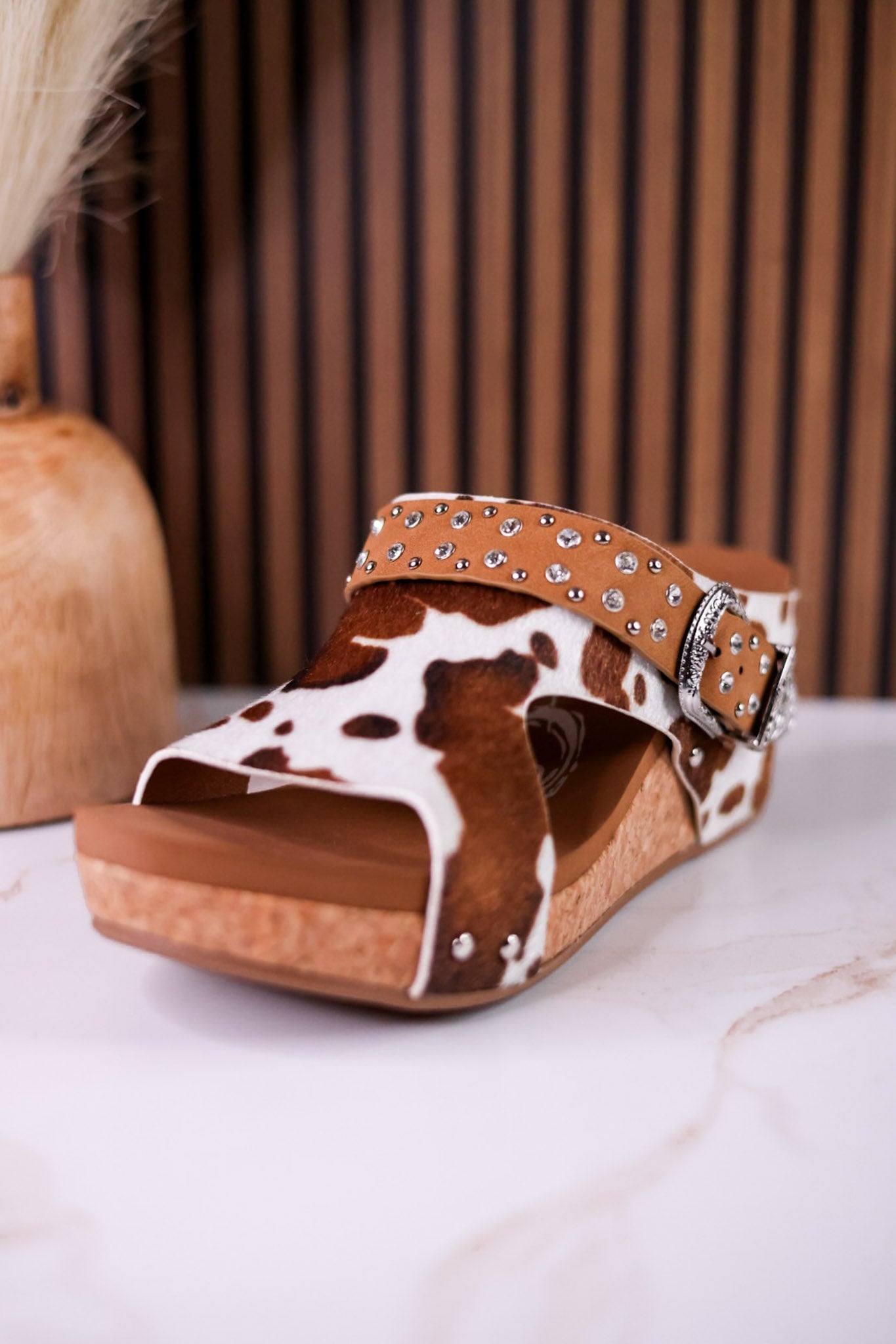 "Dolly" Tan Faux Hairon Wedges With Rhinestone Accents - Whiskey Skies - VERY G