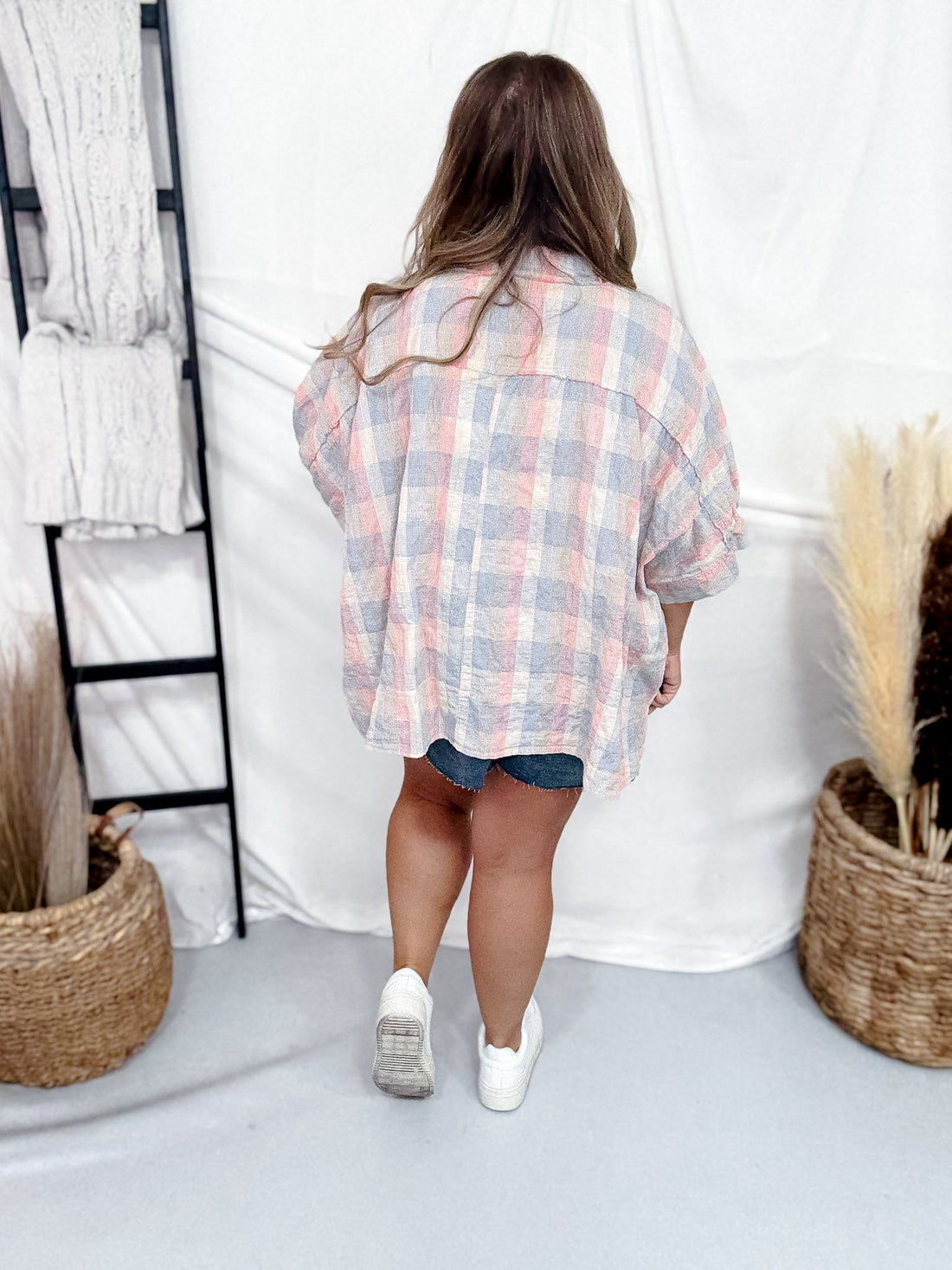 Dolman Sleeve Daisy Patch Washed Plaid Shirt - Whiskey Skies - EASEL