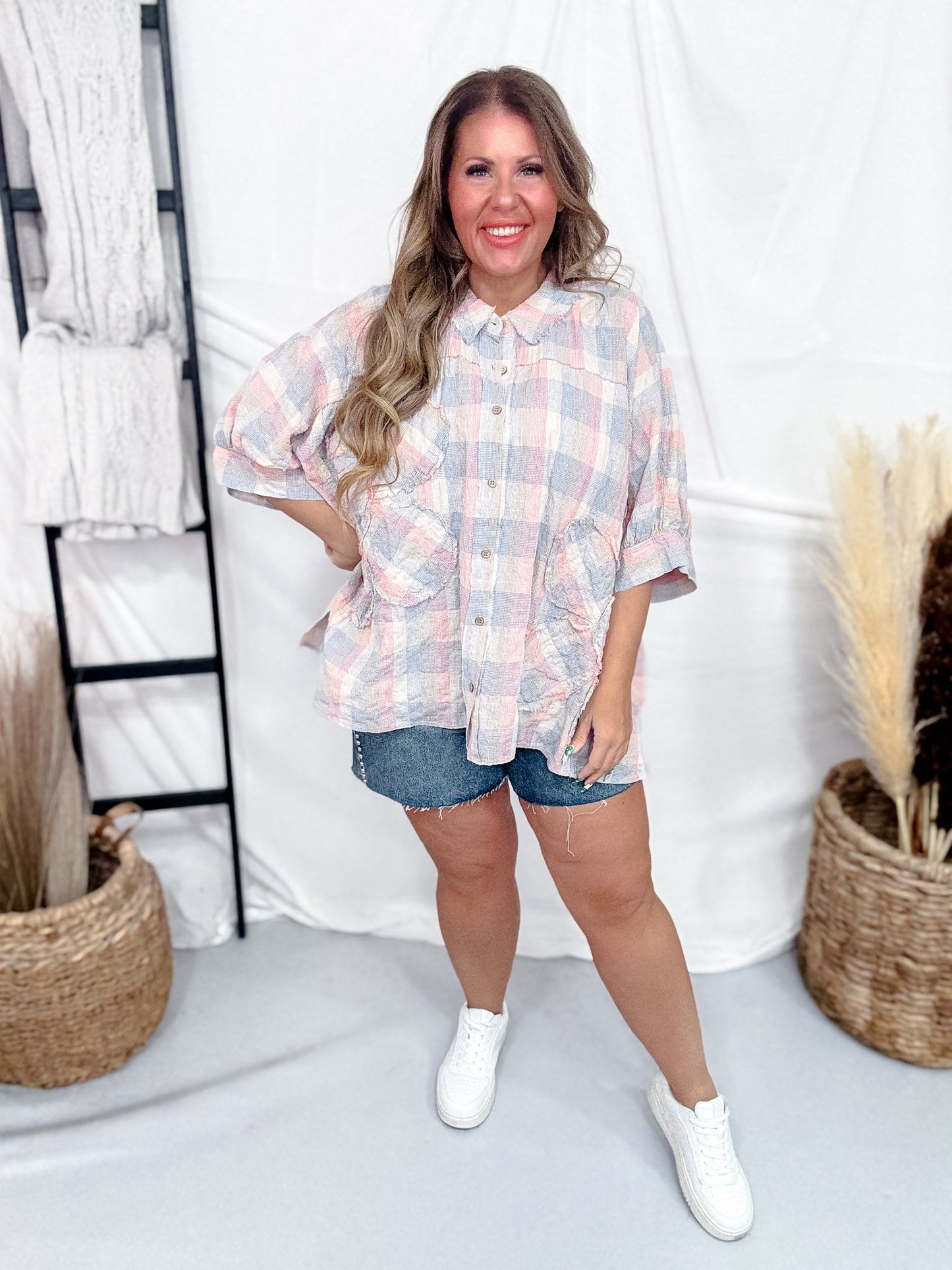 Dolman Sleeve Daisy Patch Washed Plaid Shirt - Whiskey Skies - EASEL