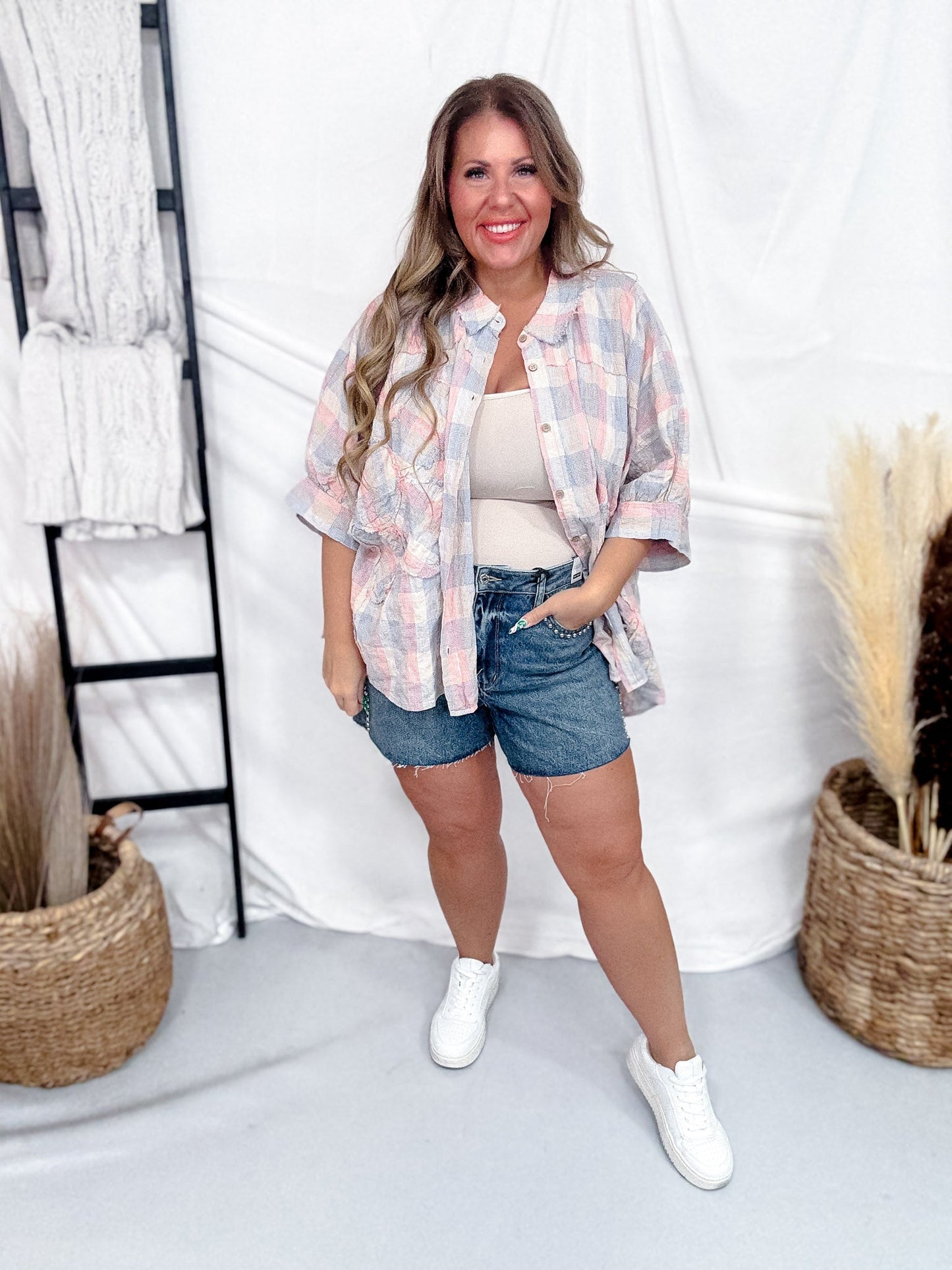 Dolman Sleeve Daisy Patch Washed Plaid Shirt - Whiskey Skies - EASEL