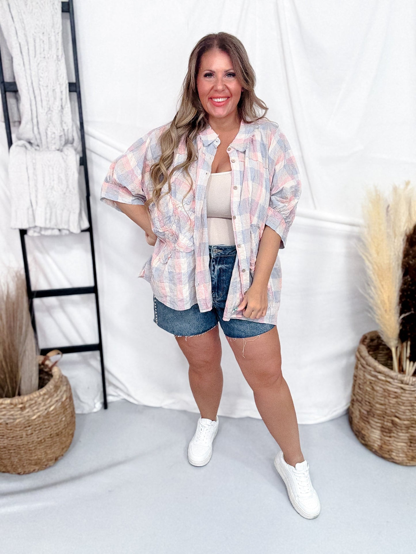 Dolman Sleeve Daisy Patch Washed Plaid Shirt - Whiskey Skies - EASEL