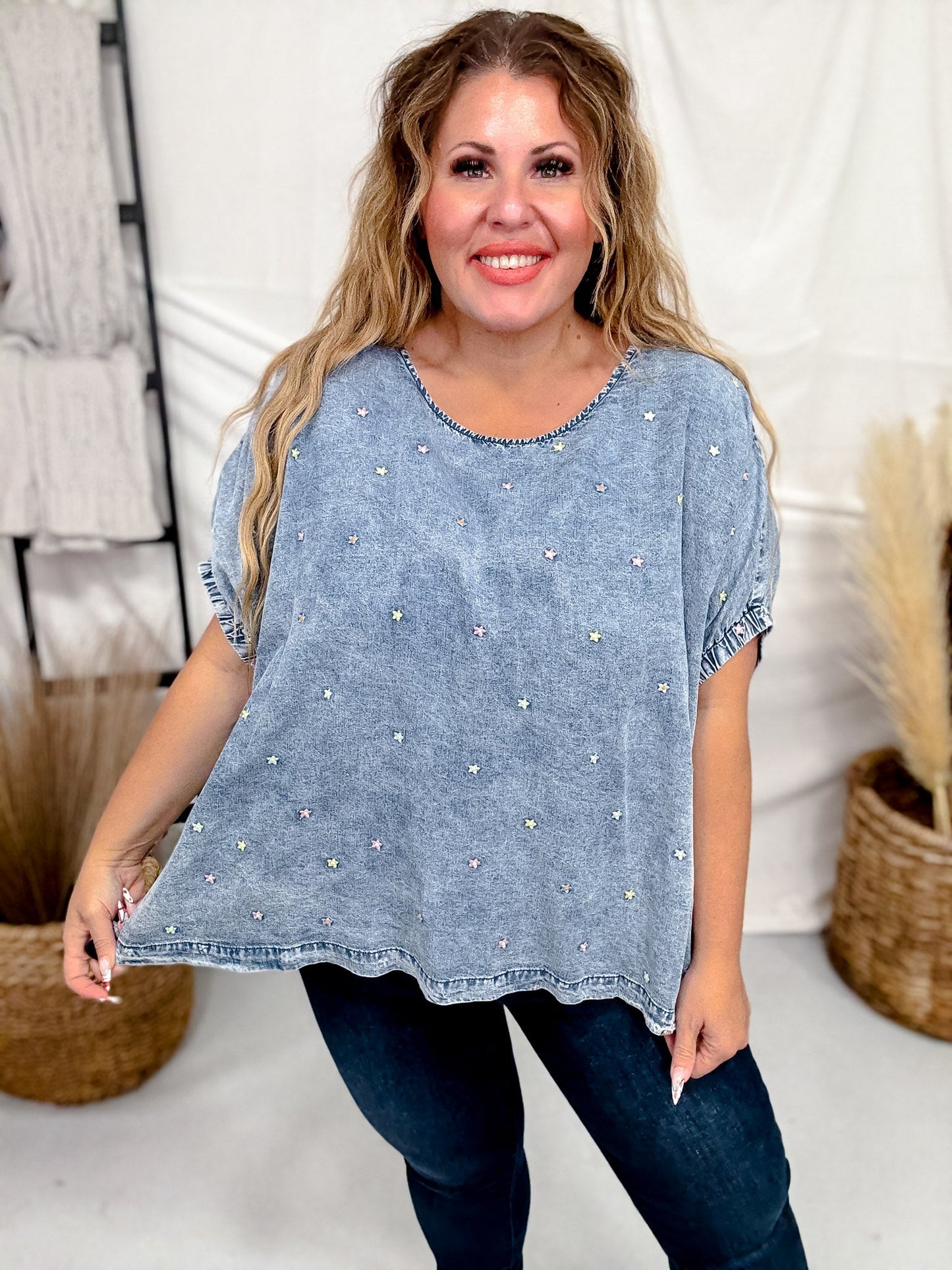 Dolman Sleeve Denim Top With Floral Embroidery - Whiskey Skies - SEW IN LOVE