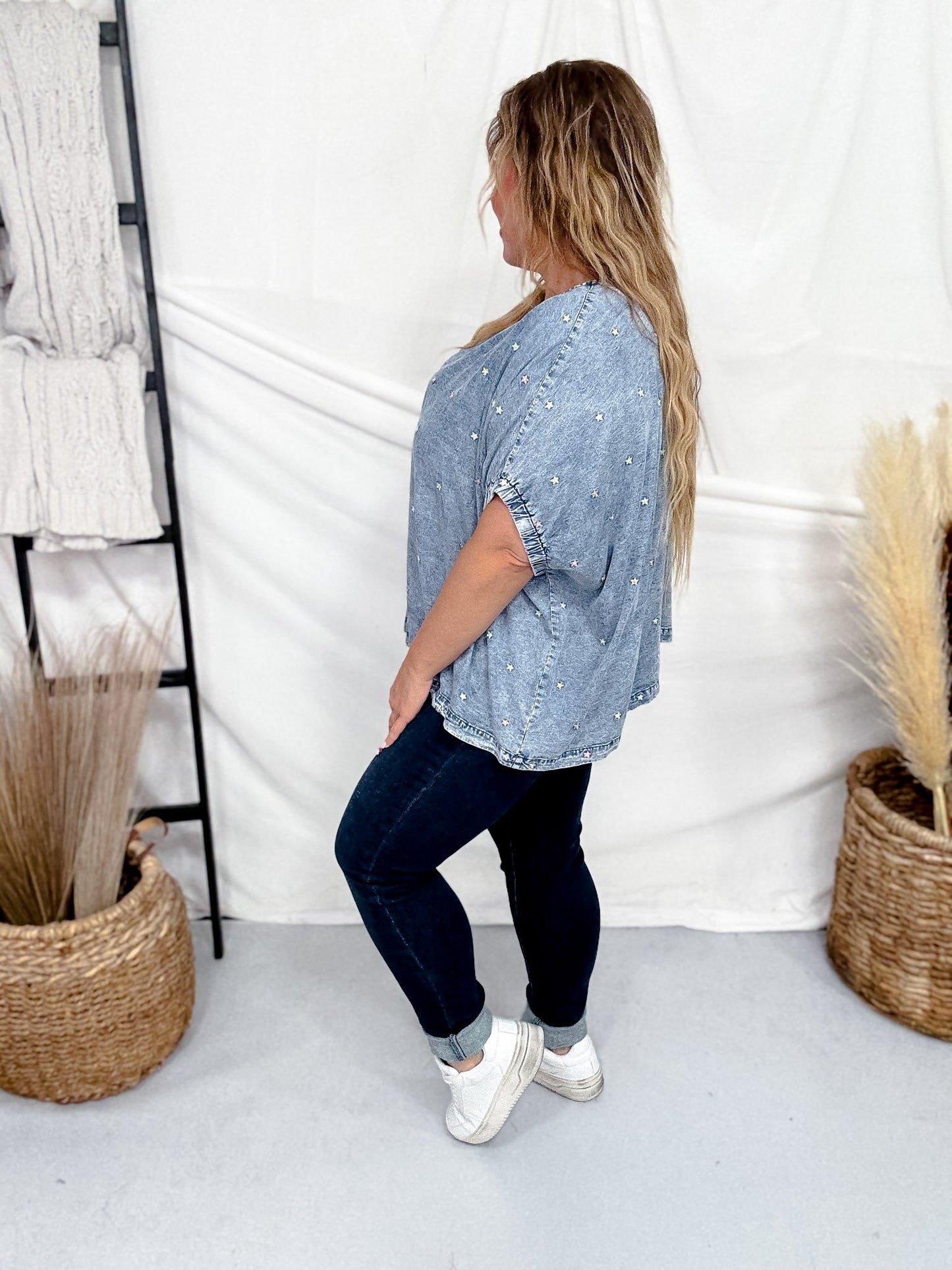 Dolman Sleeve Denim Top With Floral Embroidery - Whiskey Skies - SEW IN LOVE