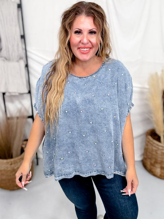 Dolman Sleeve Denim Top With Floral Embroidery - Whiskey Skies - SEW IN LOVE