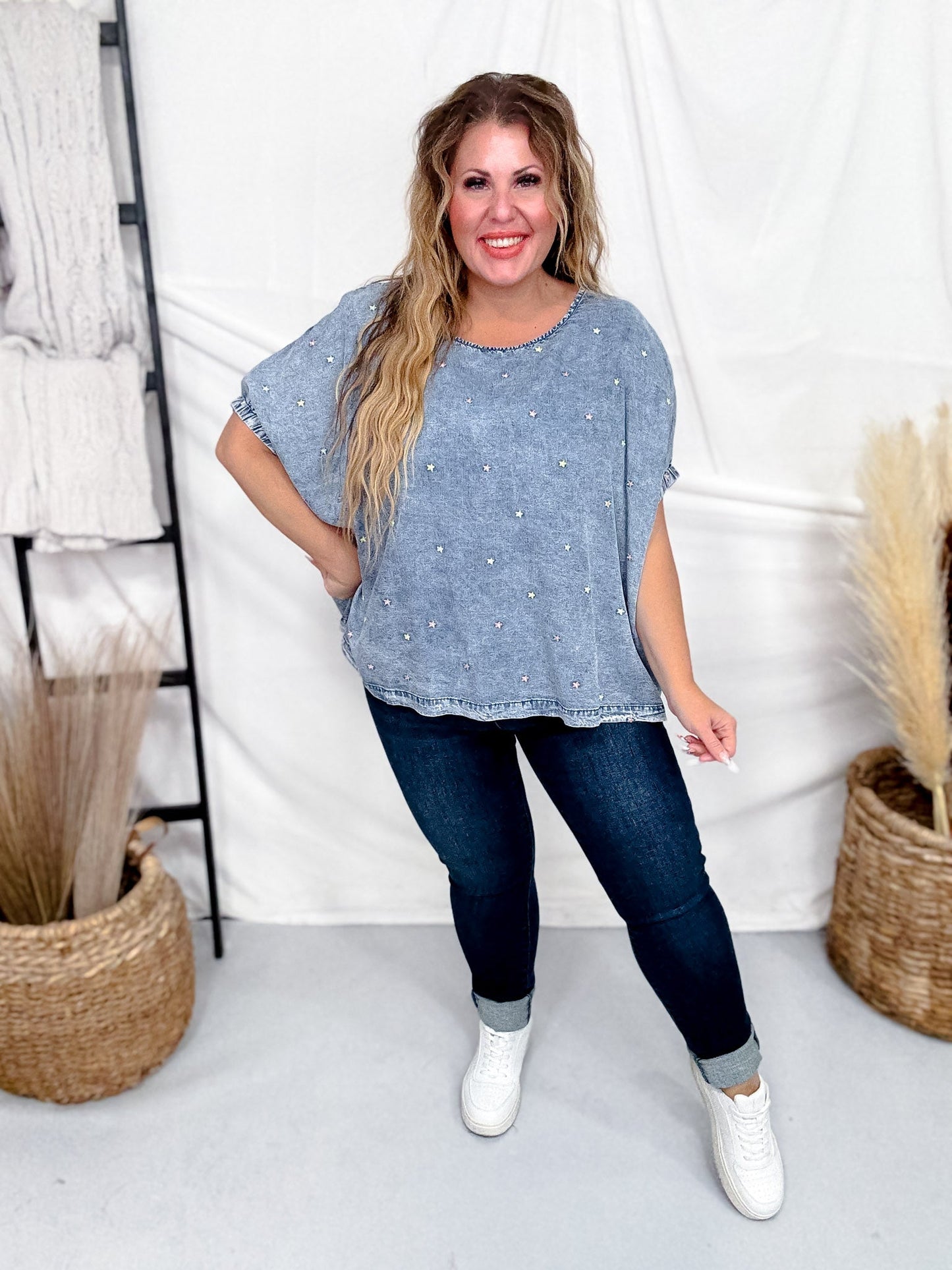 Dolman Sleeve Denim Top With Floral Embroidery - Whiskey Skies - SEW IN LOVE