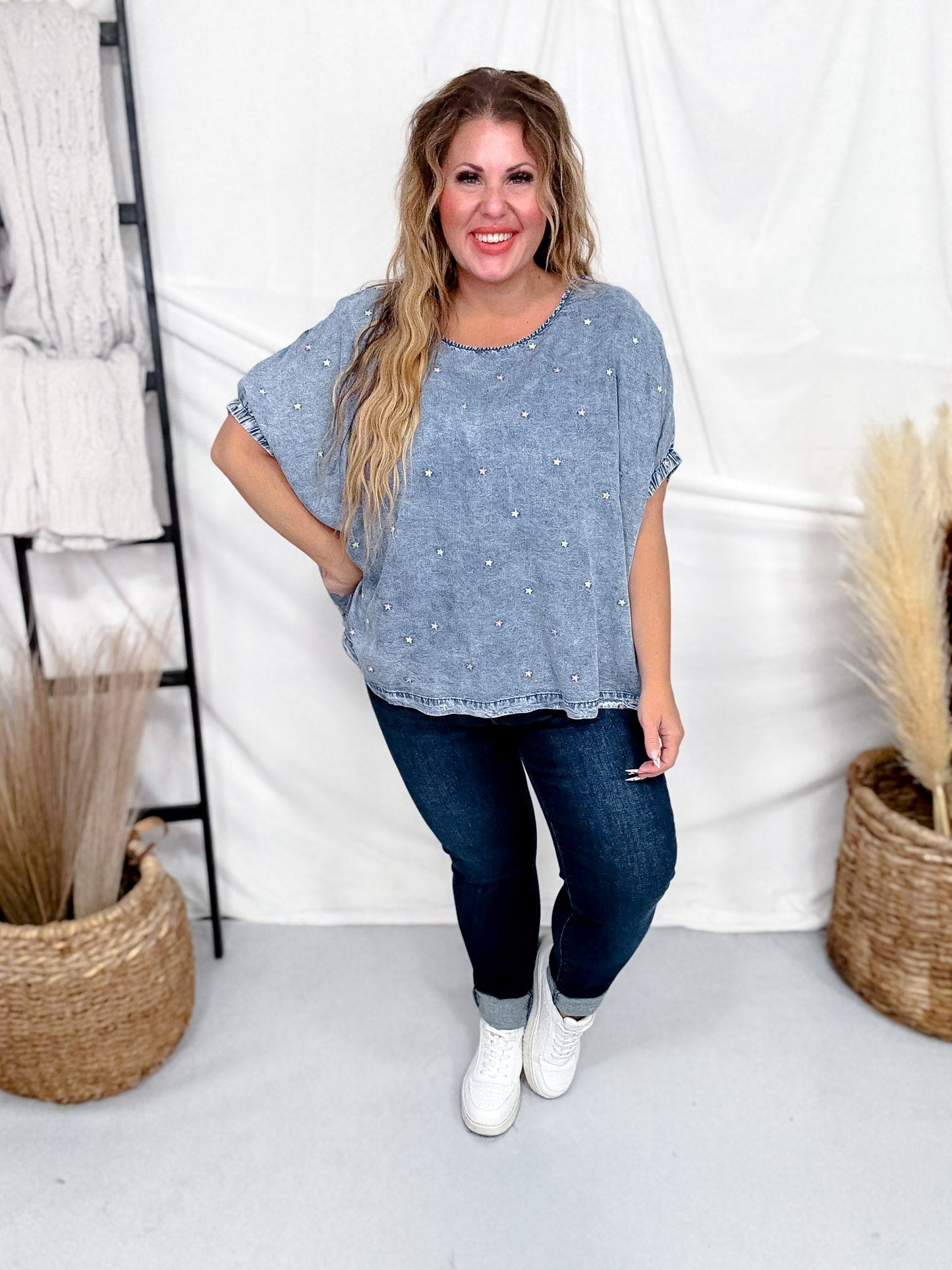 Dolman Sleeve Denim Top With Floral Embroidery - Whiskey Skies - SEW IN LOVE