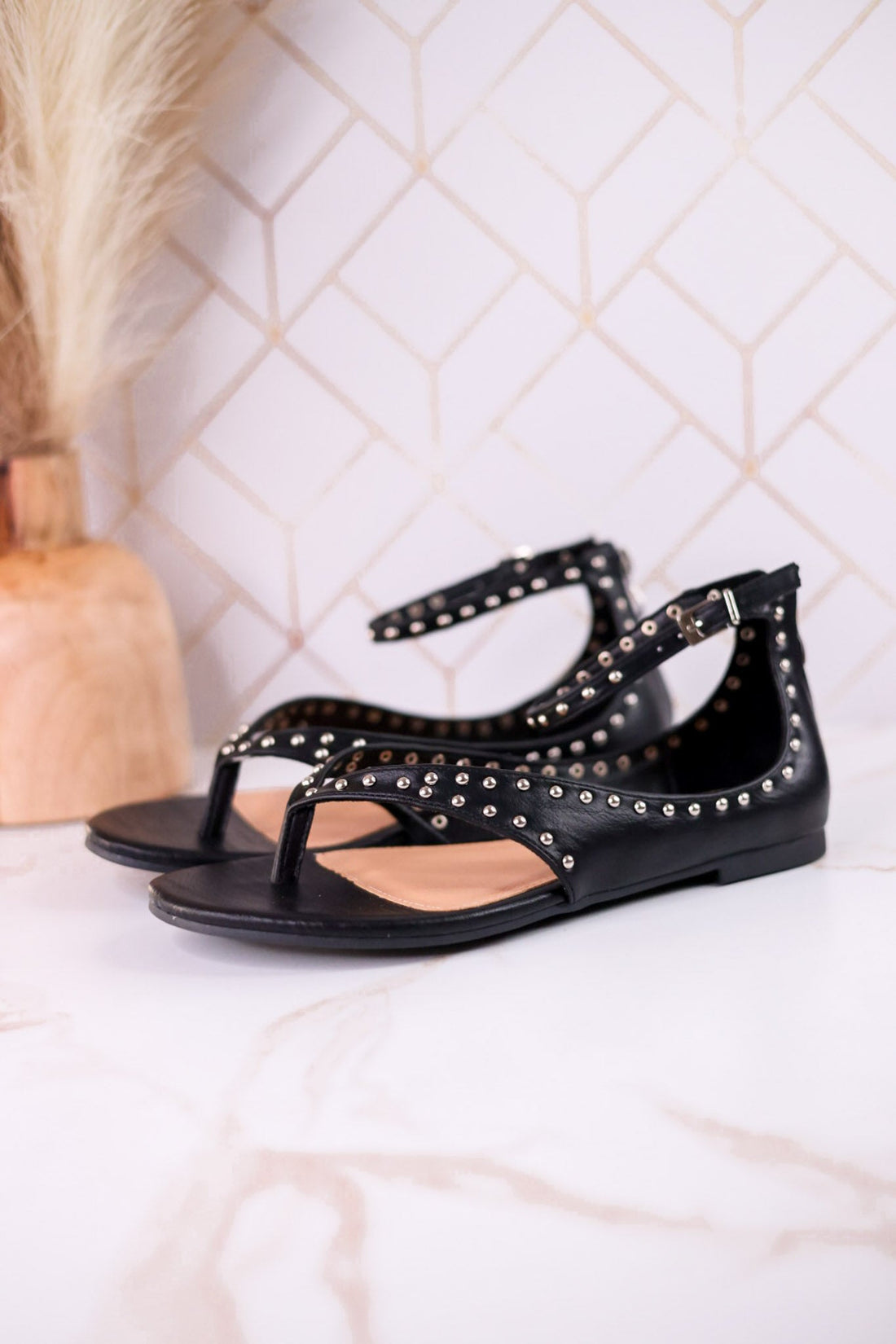 "Don't Be Cringy" Black Studded Ankle Strap Sandals - Whiskey Skies - CORKYS FOOTWEAR