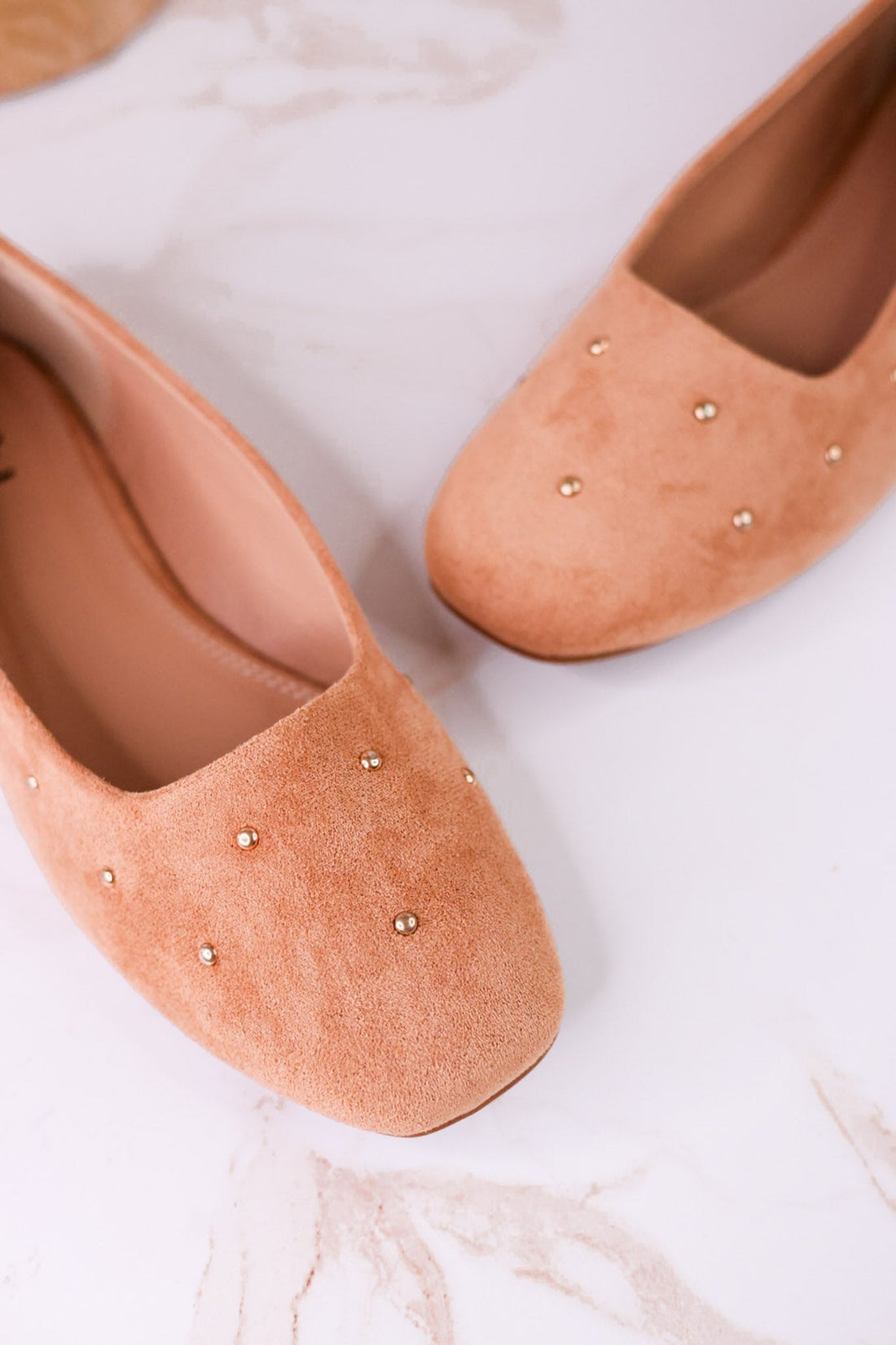 "Don't Be Rude" Camel Faux Suede Flats W/ Rose Gold Studding - Whiskey Skies - CORKYS FOOTWEAR