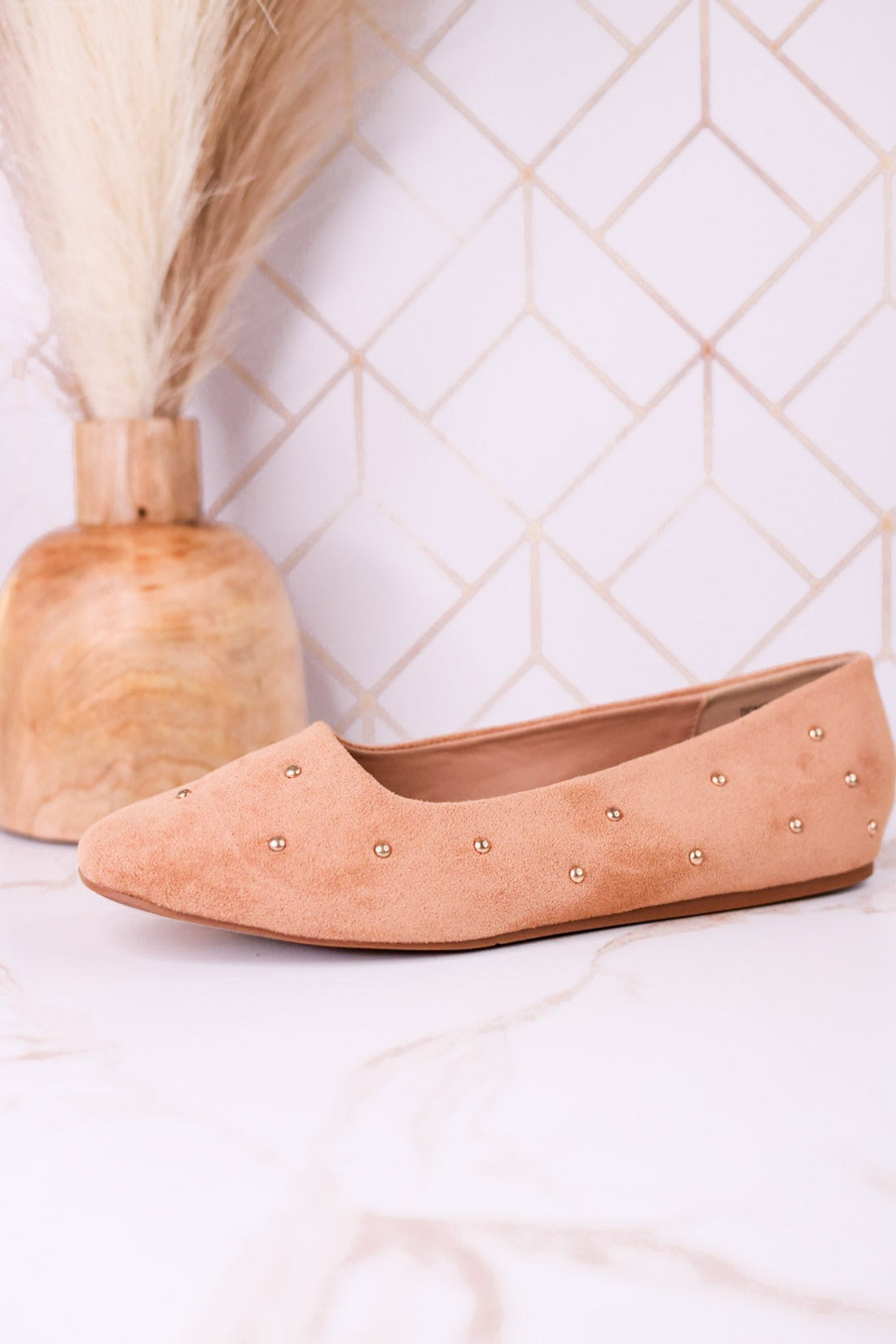 "Don't Be Rude" Camel Faux Suede Flats W/ Rose Gold Studding - Whiskey Skies - CORKYS FOOTWEAR