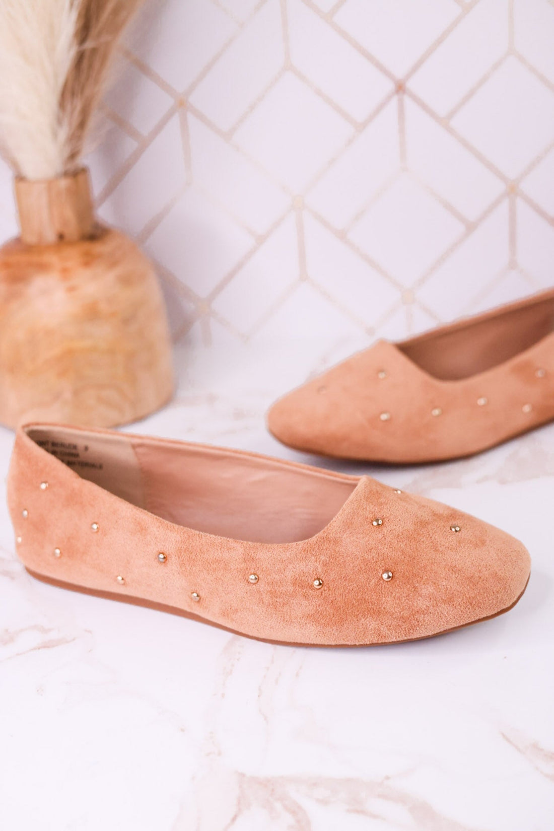 "Don't Be Rude" Camel Faux Suede Flats W/ Rose Gold Studding - Whiskey Skies - CORKYS FOOTWEAR